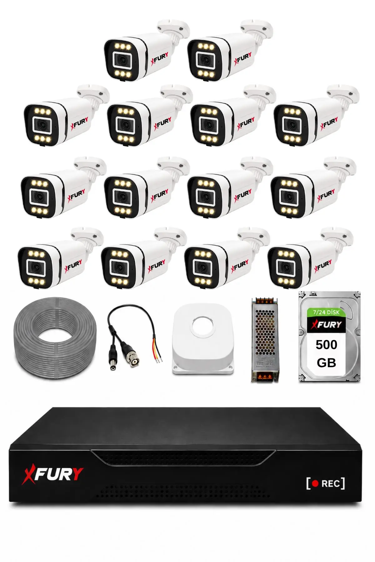 FURY 14 Kameralı 5MP Lens 1080P 6 Warm LED Renkli Gece Görüşlü Güvenlik Kamera Sistemi 500GB 1606