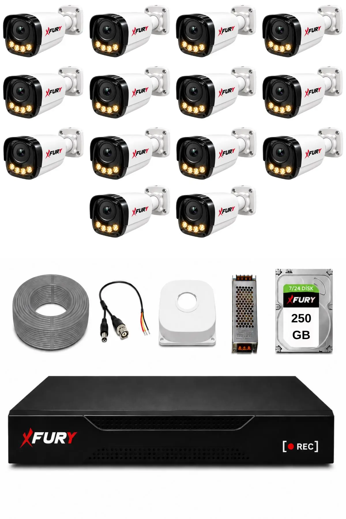 FURY 14 Kameralı Güvenlik Kamera Seti 4 Warm LED Gece Renkli Görüş 250 GB HDD