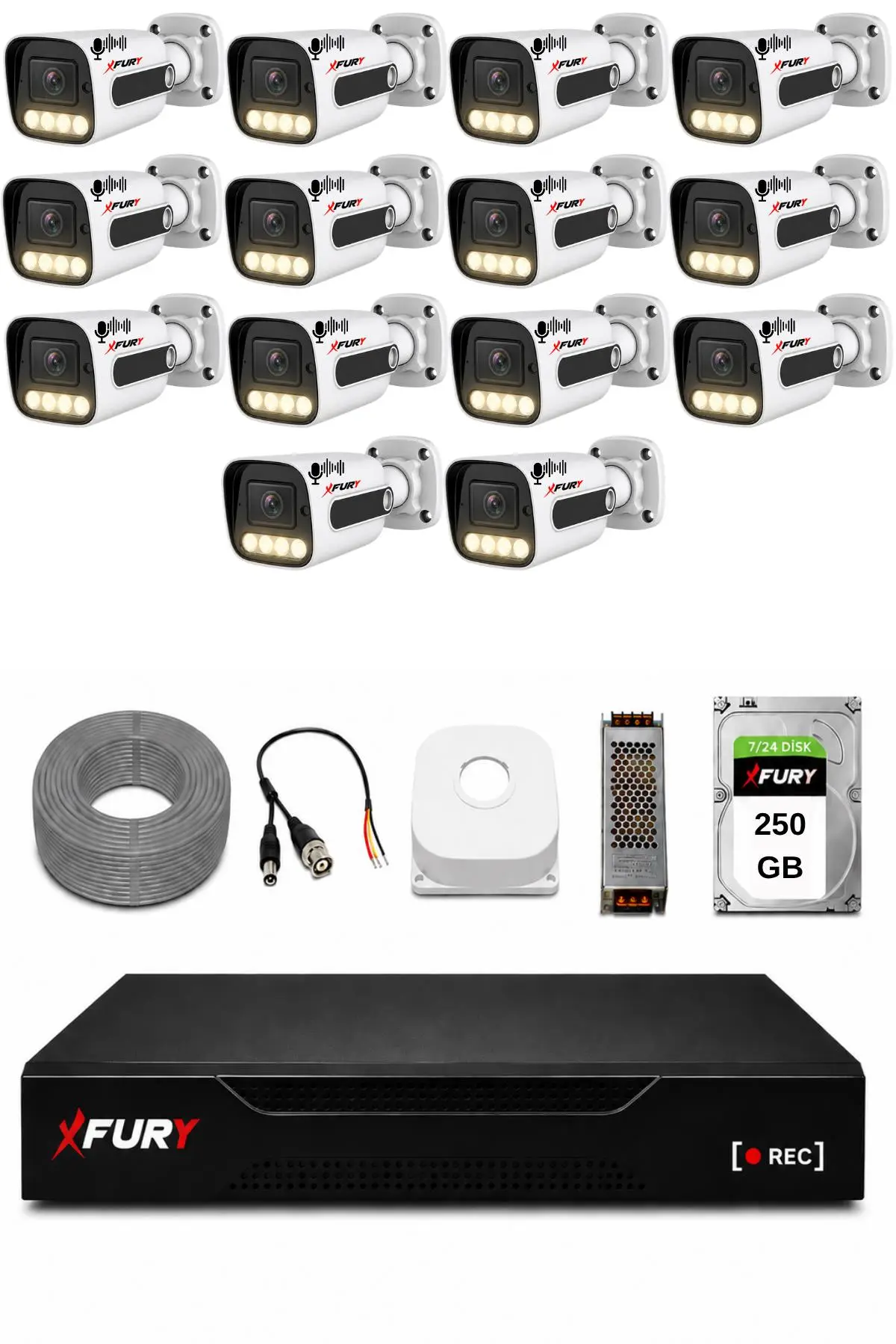 FURY 14 Kameralı Güvenlik Kamera Seti Sesli 4 Warm LED Gece Renkli Görüş 250 GB HDD 5500s
