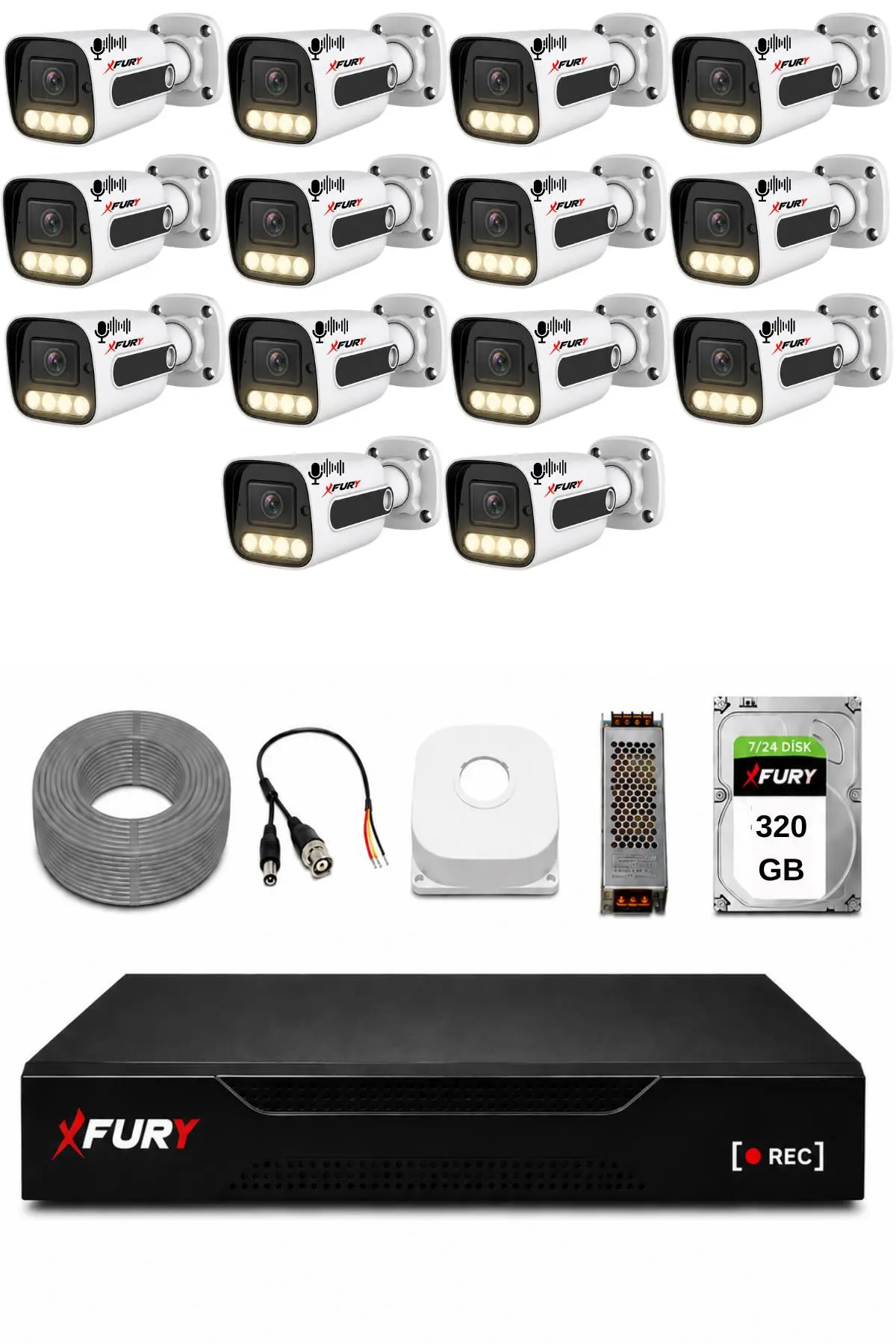 FURY 14 Kameralı Güvenlik Kamera Seti Sesli 4 Warm LED Gece Renkli Görüş 320 GB HDD 5500s