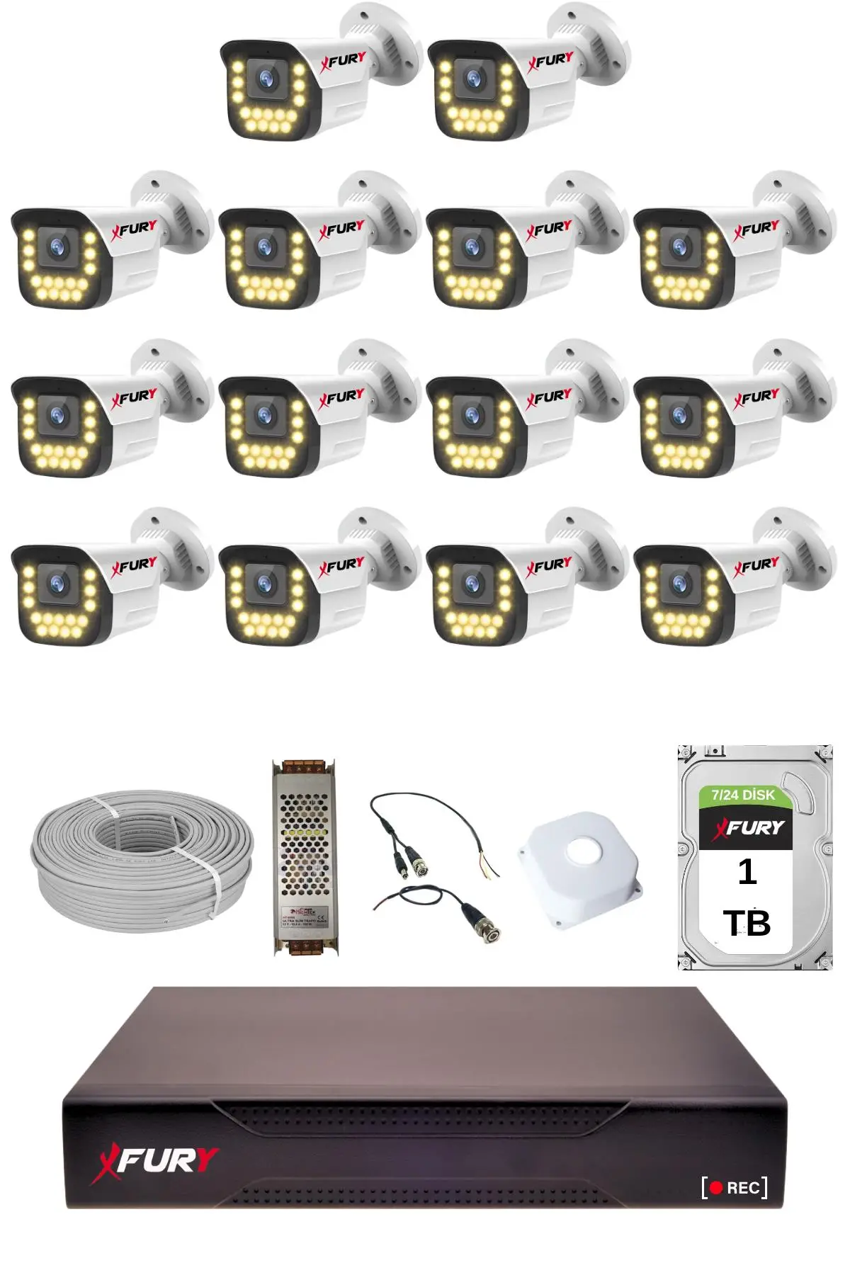 FURY 14 lü 15 Warm Led Gece Renkli Görüş Su Geçirmez Güvenlik Kamerası Seti 1TB