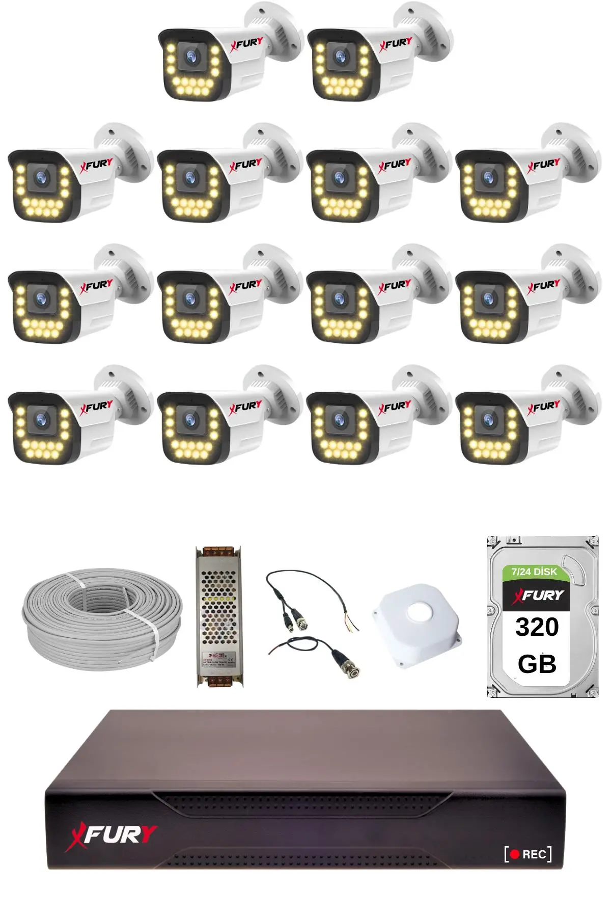 FURY 14 lü 15 Warm Led Gece Renkli Görüş Su Geçirmez Güvenlik Kamerası Seti 320GB