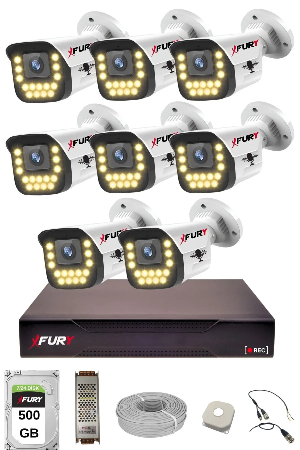 FURY 14 lü Sesli 15 Warm Led Gece Renkli Görüş Su Geçirmez Güvenlik Kamerası Seti 500GB