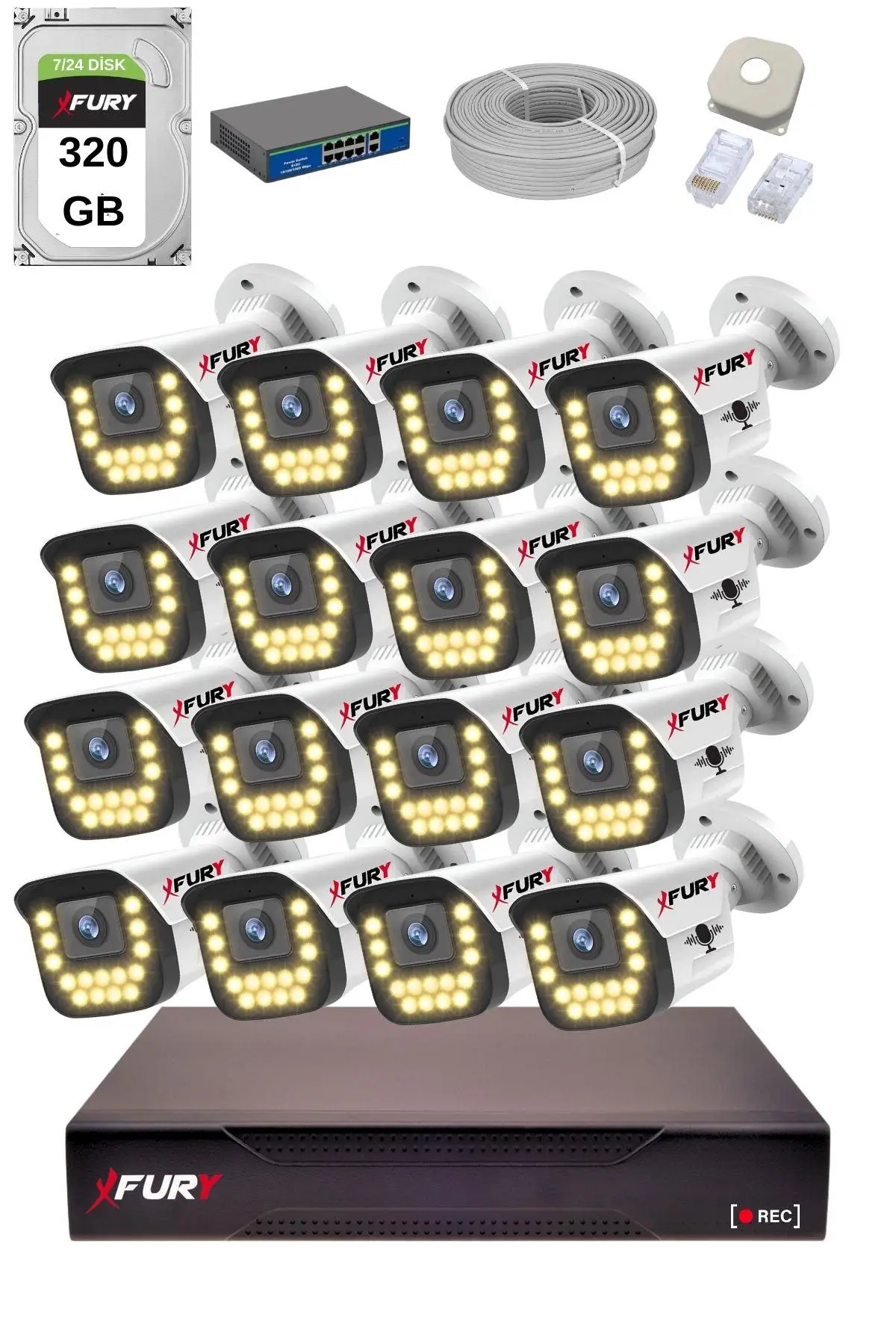 FURY 15 Warm LED Ip Güvenlik Kamera Seti 16 Kameralı Sesli 4mp Gece Renkli Su Geçirmez 1403s 320GB