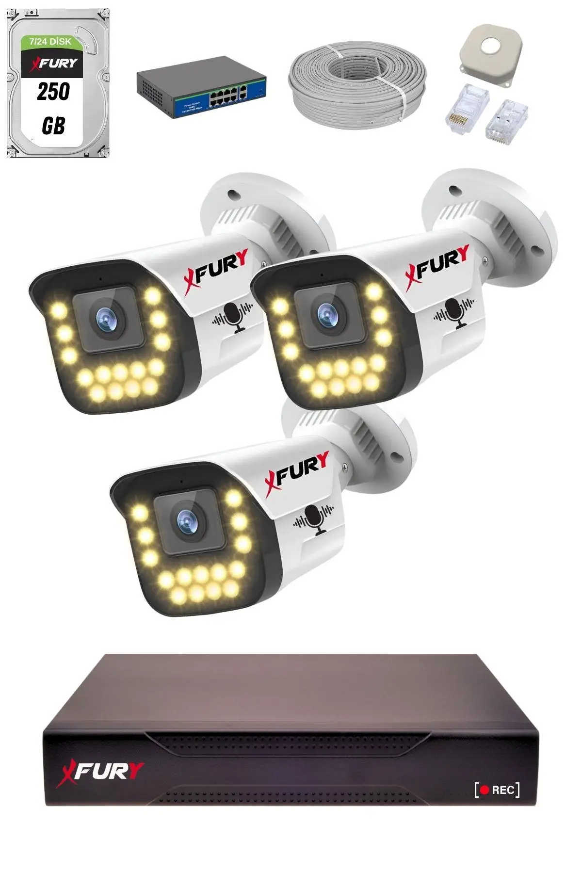 FURY 15 Warm LED Ip Güvenlik Kamera Seti 3 Kameralı Sesli 4mp Gece Renkli Su Geçirmez 1403s 250GB