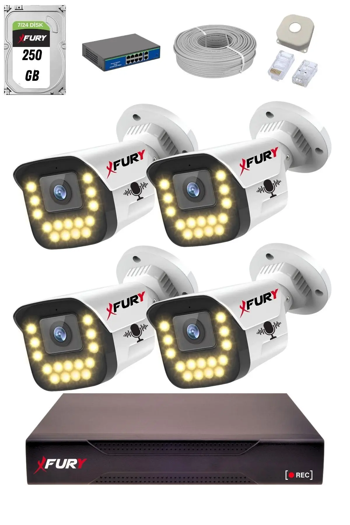 FURY 15 Warm LED Ip Güvenlik Kamera Seti 4 Kameralı Sesli 4mp Gece Renkli Su Geçirmez 1403s 250GB