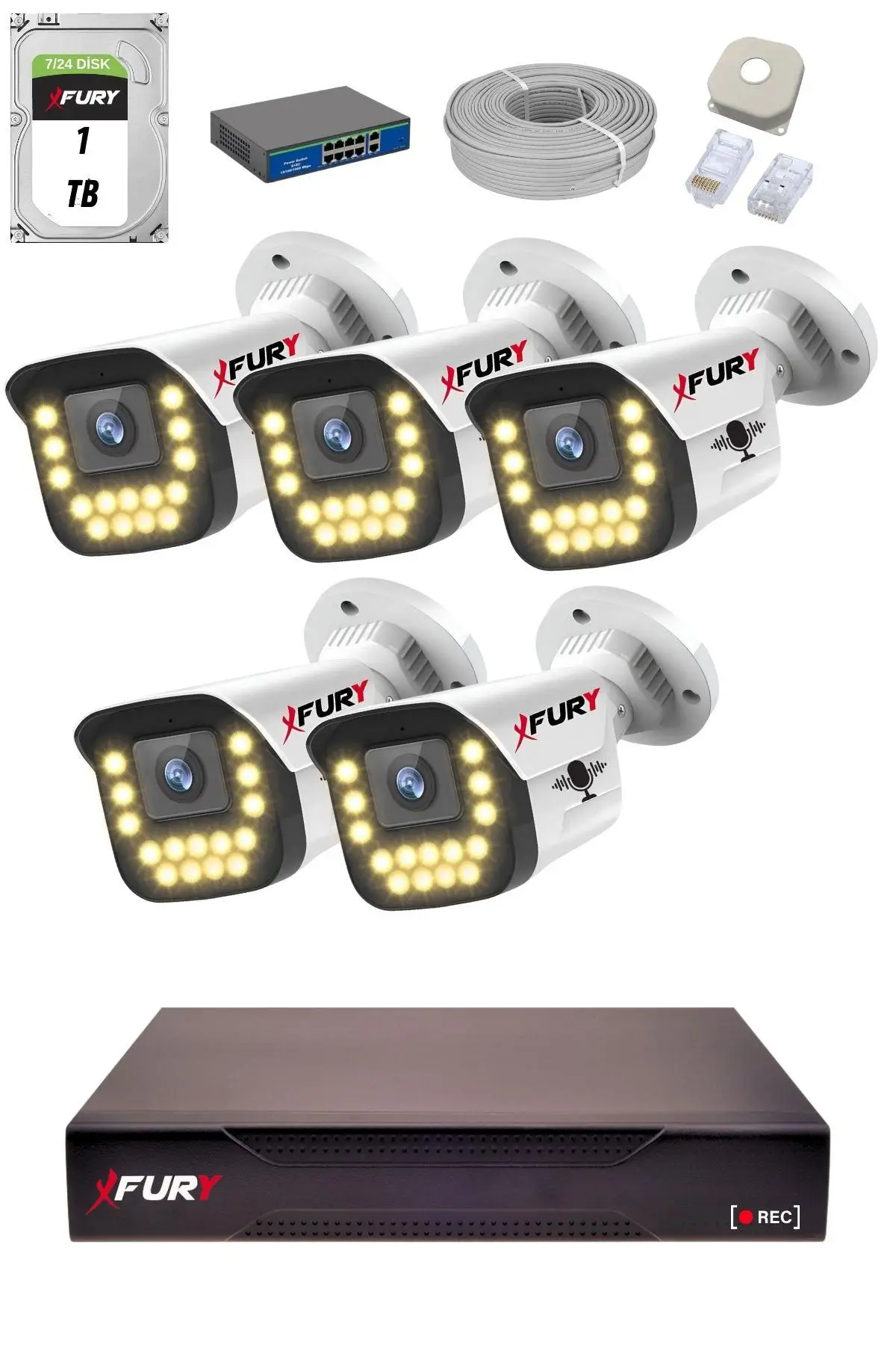 FURY 15 Warm LED Ip Güvenlik Kamera Seti 5 Kameralı Sesli 4mp Gece Renkli Su Geçirmez 1403s 1TB