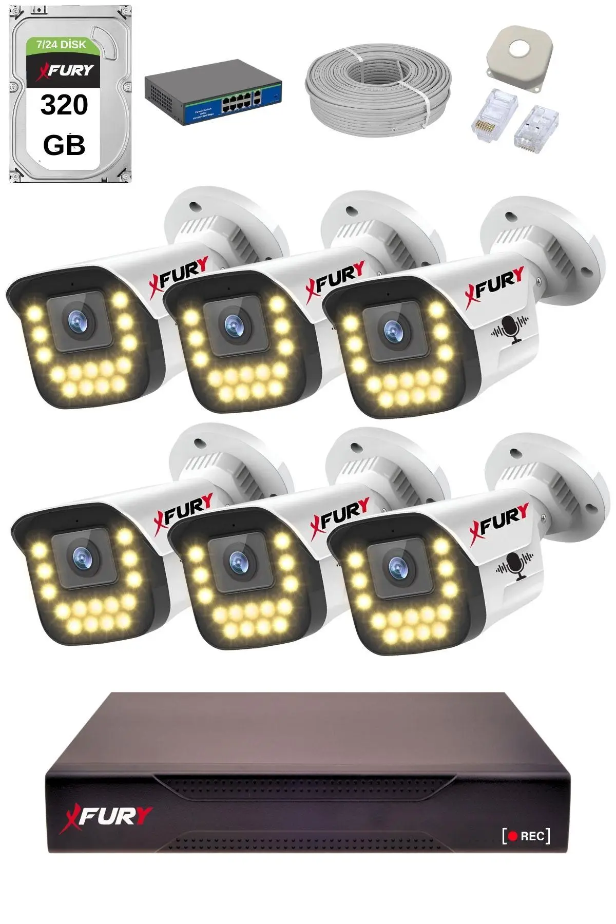 FURY 15 Warm LED Ip Güvenlik Kamera Seti 6 Kameralı Sesli 4mp Gece Renkli Su Geçirmez 1403s 320GB