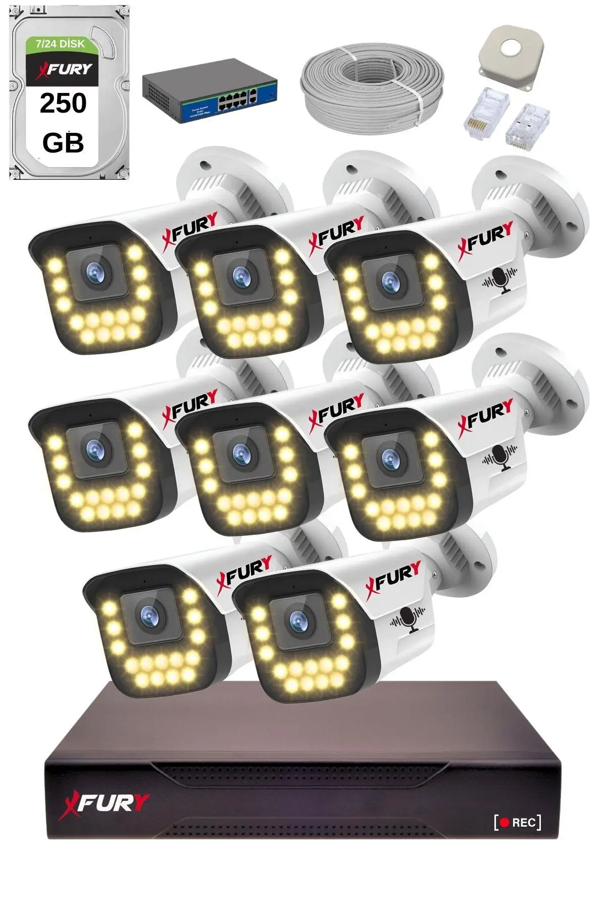 FURY 15 Warm LED Ip Güvenlik Kamera Seti 8 Kameralı Sesli 4mp Gece Renkli Su Geçirmez 1403s 250GB