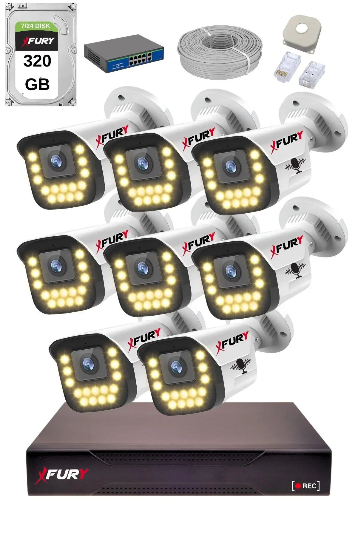 FURY 15 Warm LED Ip Güvenlik Kamera Seti 8 Kameralı Sesli 4mp Gece Renkli Su Geçirmez 1403s 320GB