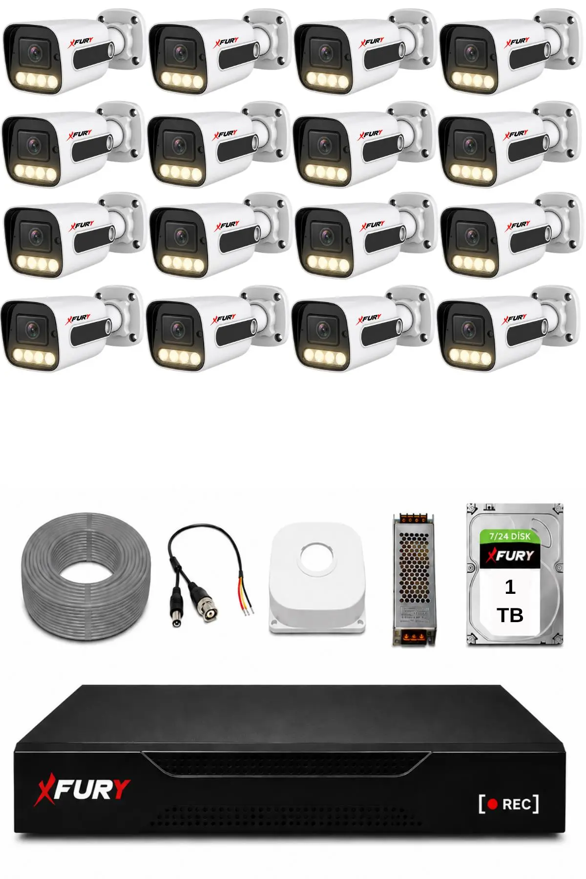 FURY 16 Kameralı Güvenlik Kamera Seti 4 Warm LED Gece Renkli Görüş 1 TB HDD 5500