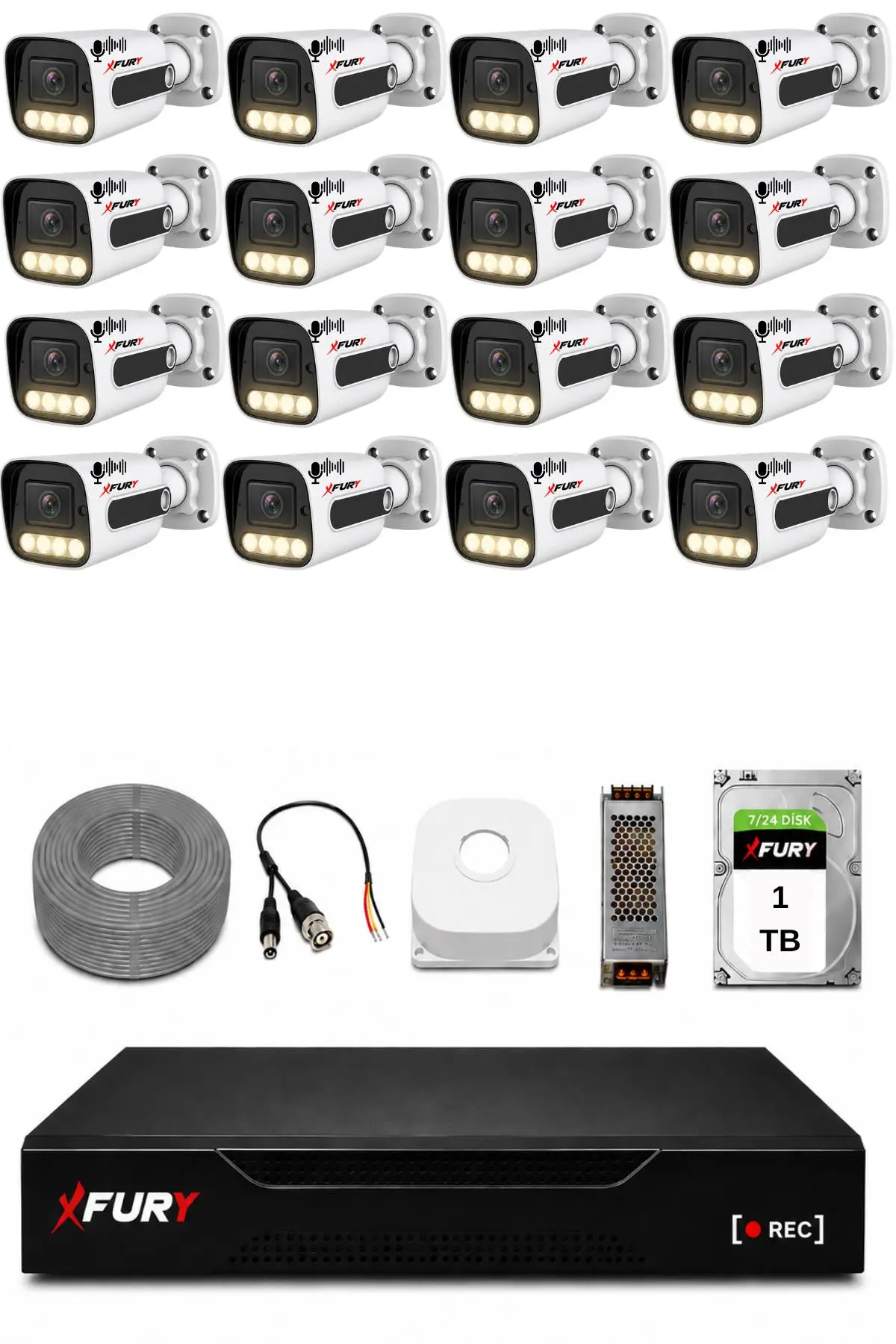 FURY 16 Kameralı Güvenlik Kamera Seti Sesli 4 Warm LED Gece Renkli Görüş 1 TB HDD 5500s