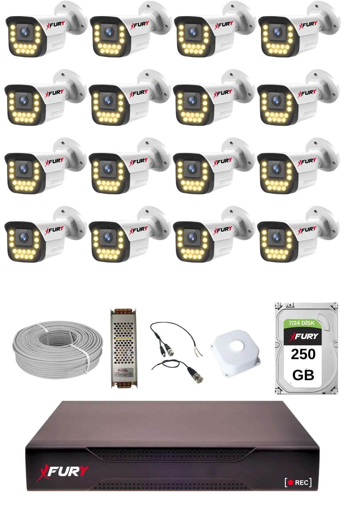 FURY 16 lı 15 Warm Led Gece Renkli Görüş Su Geçirmez Güvenlik Kamerası Seti 250GB