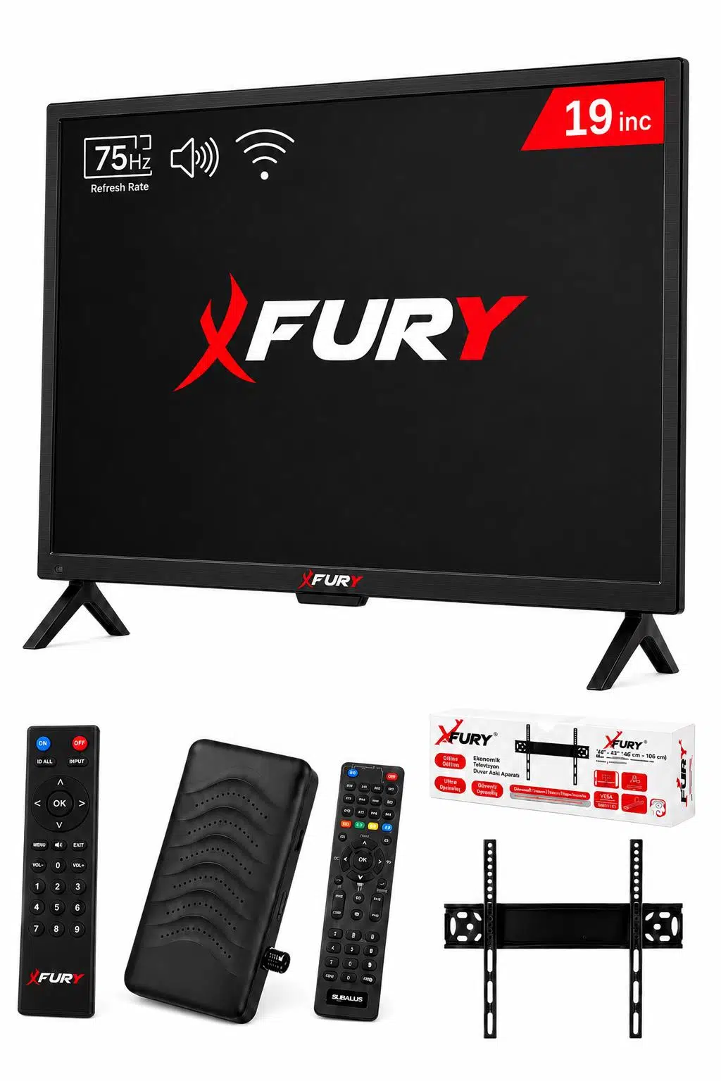 FURY 19’’ (48 Ekran) Çanaklı / Çanaksız WiFi'li Uydu Alıcısı+TV Askı Aparatı HEDİYE