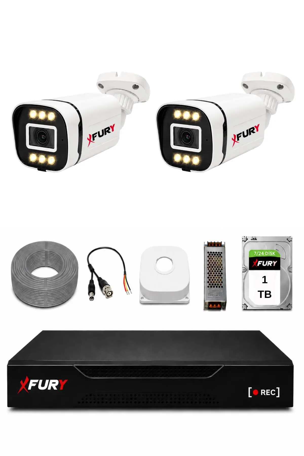 FURY 2 Kameralı 5MP Lens 1080P 6 Warm LED Renkli Gece Görüşlü Güvenlik Kamera Sistemi 1TB 1606