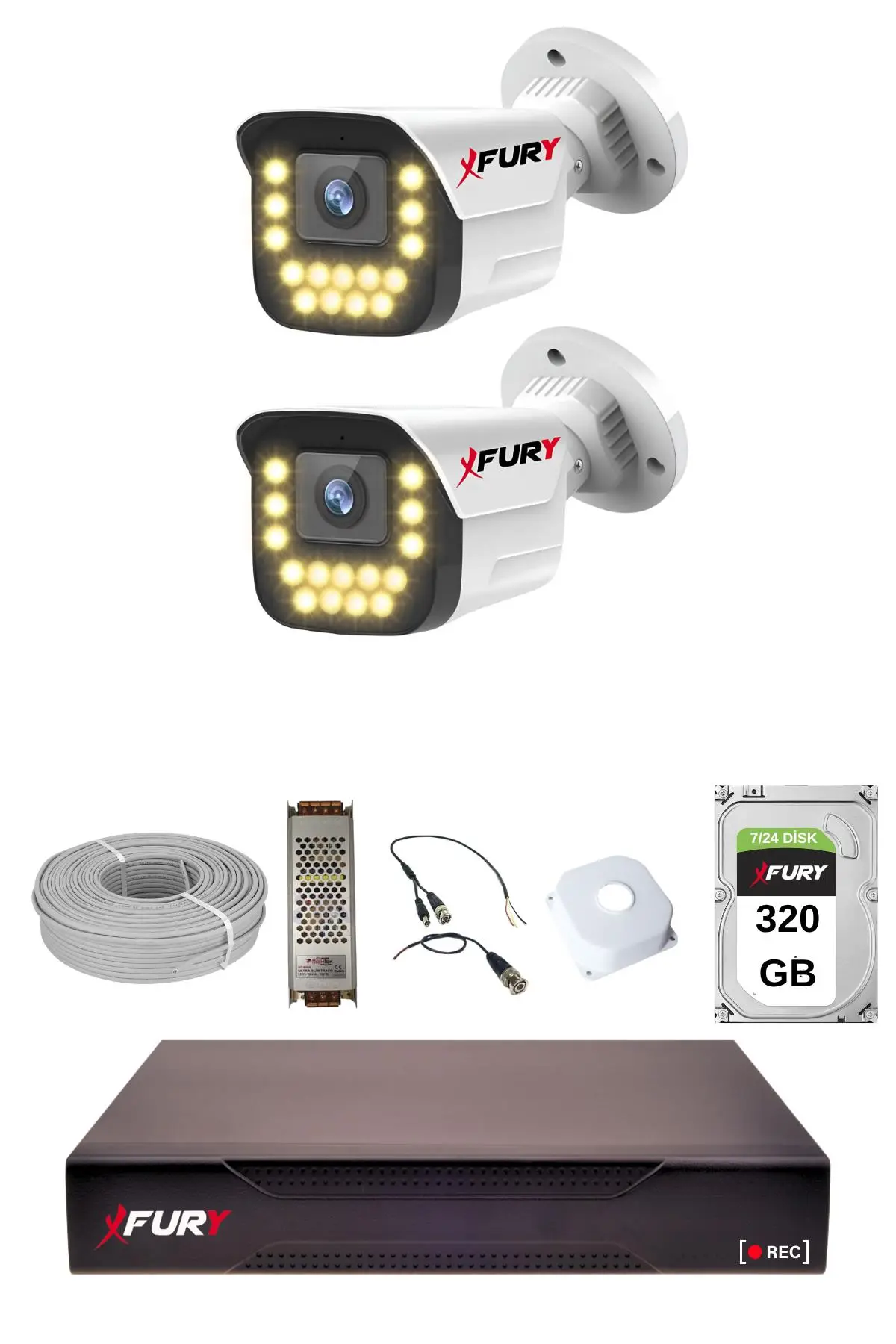 FURY 2 li 15 Warm Led Gece Renkli Görüş Su Geçirmez Güvenlik Kamerası Seti 320GB