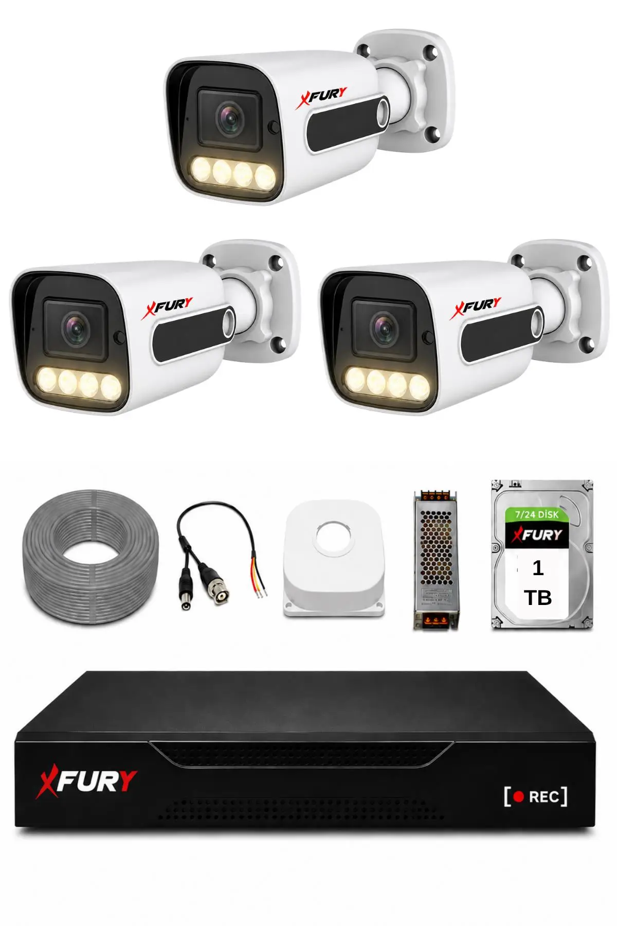 FURY 3 Kameralı Güvenlik Kamera Seti 4 Warm LED Gece Renkli Görüş 1 TB HDD 5500
