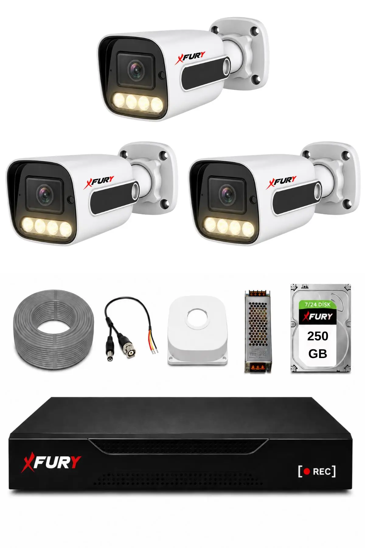 FURY 3 Kameralı Güvenlik Kamera Seti 4 Warm LED Gece Renkli Görüş 250 GB HDD 5500