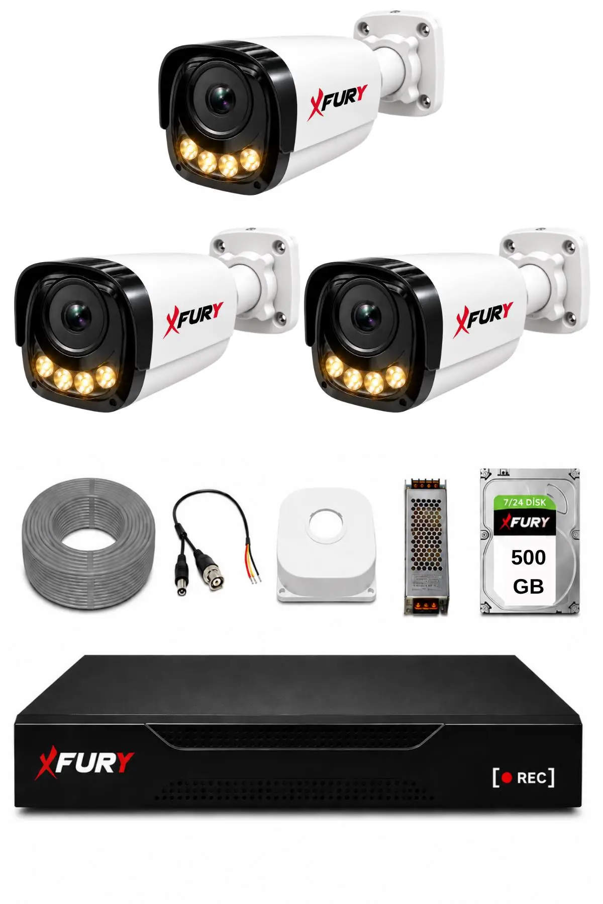FURY 3 Kameralı Güvenlik Kamera Seti 4 Warm LED Gece Renkli Görüş 500 GB HDD