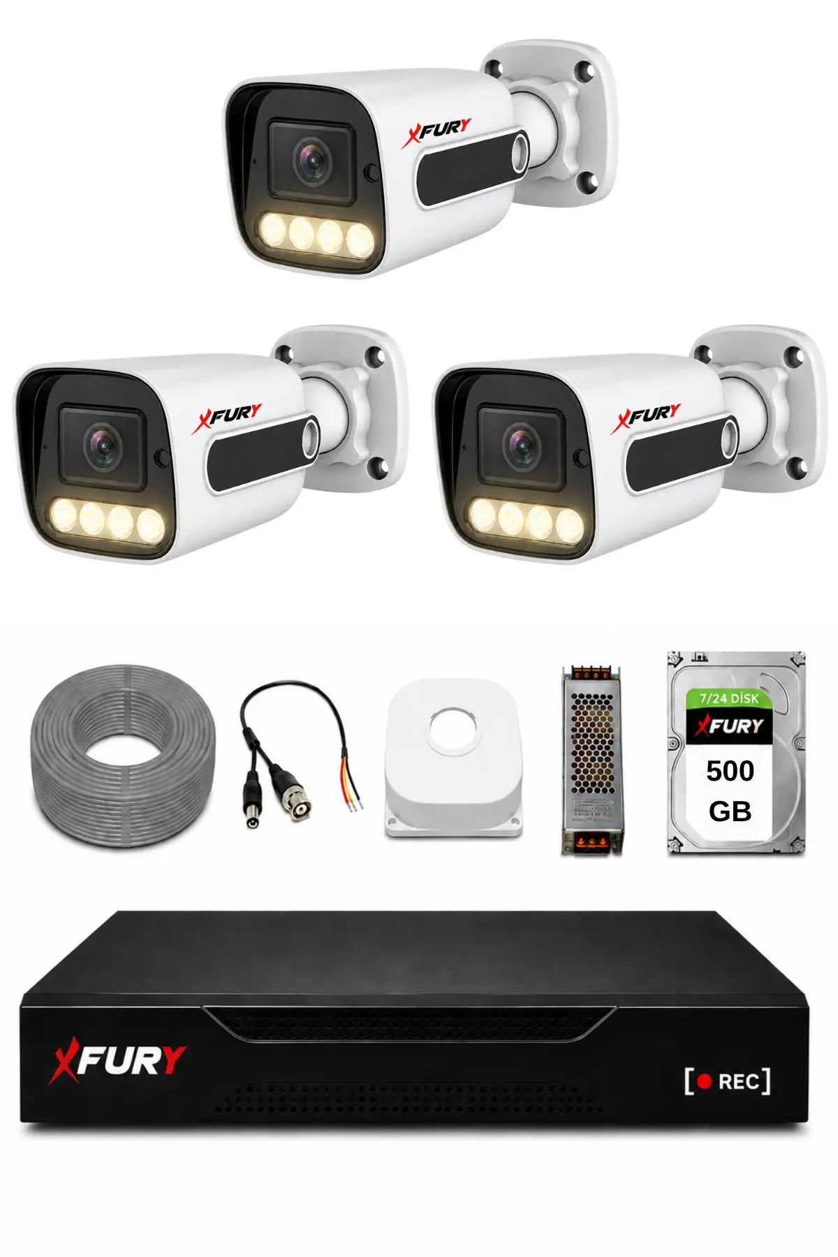 FURY 3 Kameralı Güvenlik Kamera Seti 4 Warm LED Gece Renkli Görüş 500 GB HDD 5500