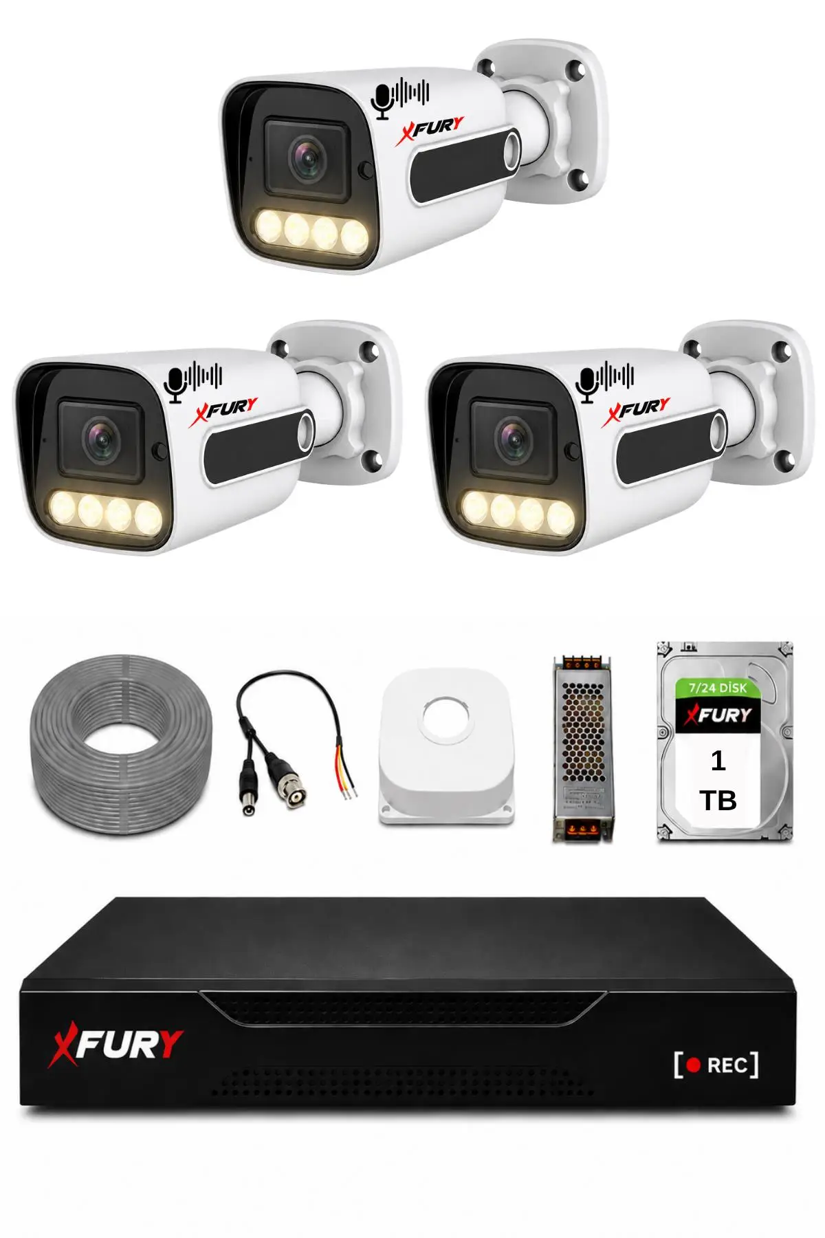 FURY 3 Kameralı Güvenlik Kamera Seti Sesli 4 Warm LED Gece Renkli Görüş 1 TB HDD 5500s