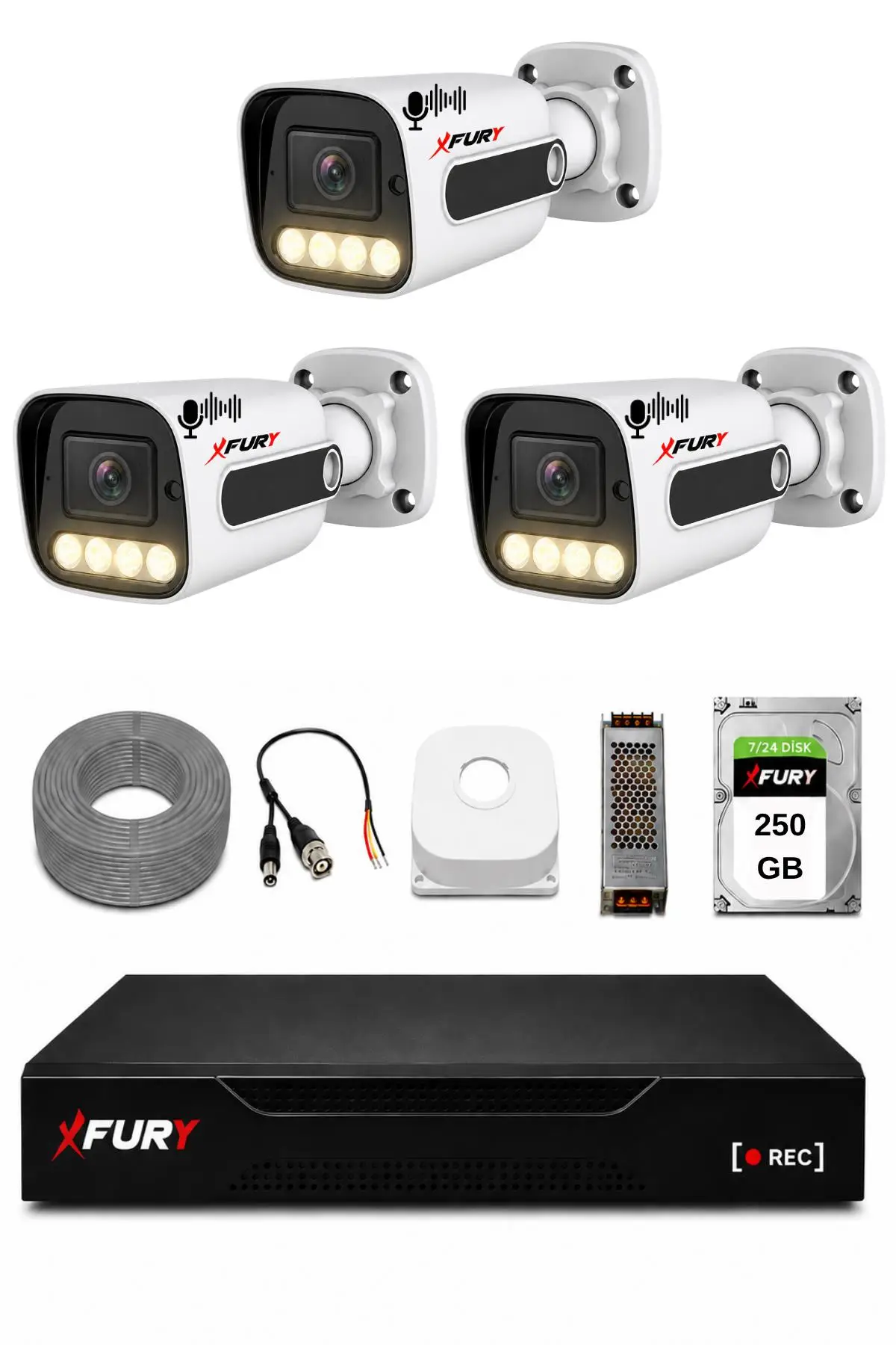 FURY 3 Kameralı Güvenlik Kamera Seti Sesli 4 Warm LED Gece Renkli Görüş 250 GB HDD 5500s