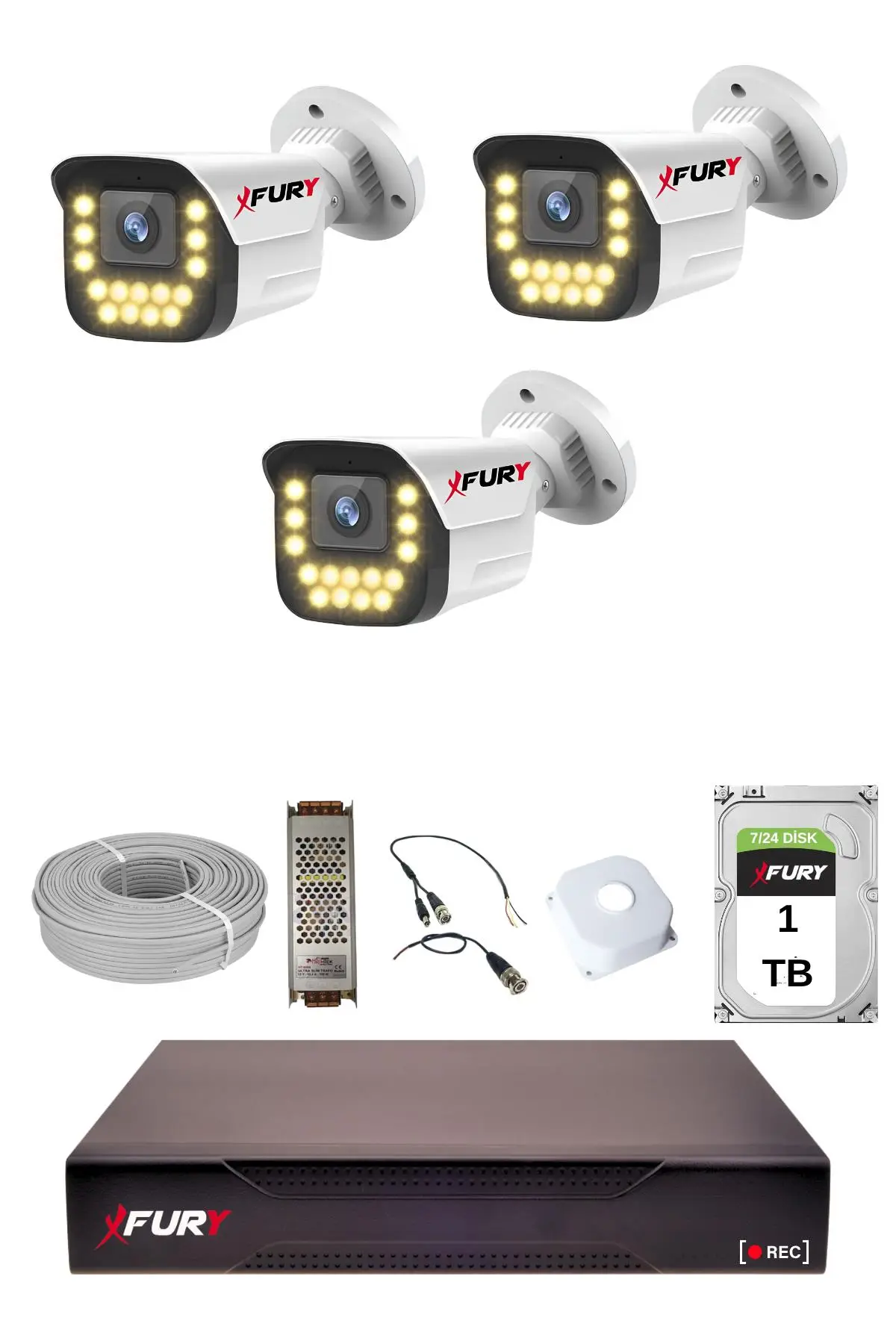 FURY 3 LÜ 15 Warm Led Gece Renkli Görüş Su Geçirmez Güvenlik Kamerası Seti 1TB
