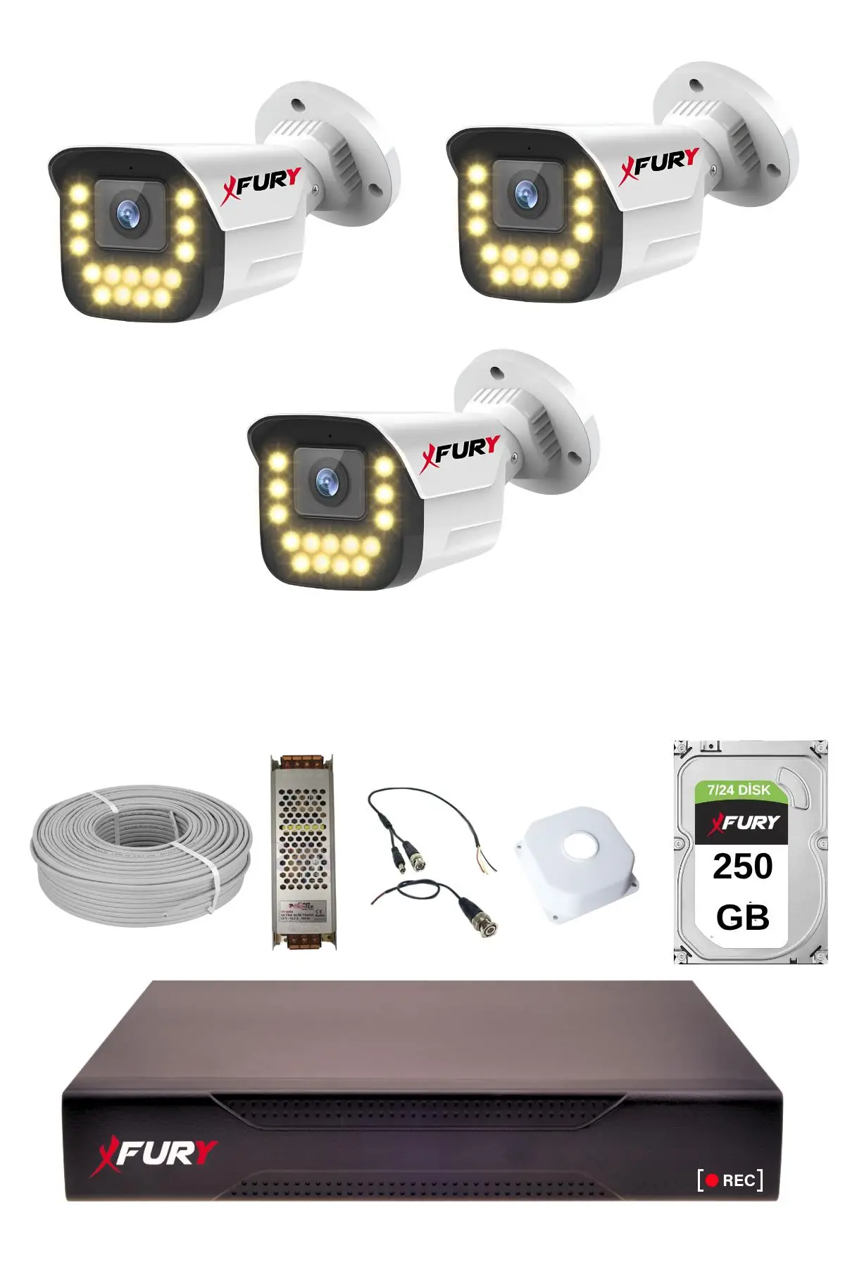 FURY 3 LÜ 15 Warm Led Gece Renkli Görüş Su Geçirmez Güvenlik Kamerası Seti 250GB