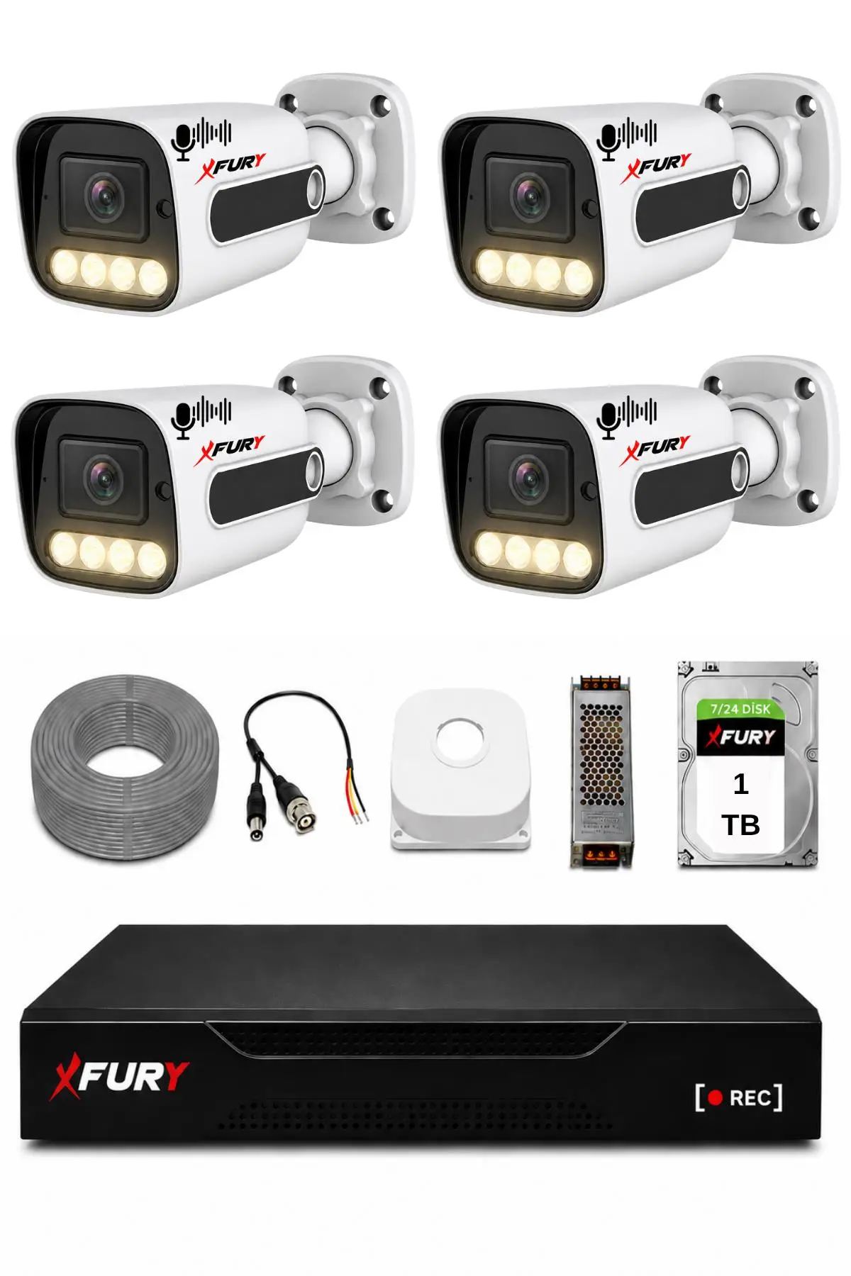 FURY 4 Kameralı Güvenlik Kamera Seti Sesli 4 Warm LED Gece Renkli Görüş 1 TB HDD 5500s