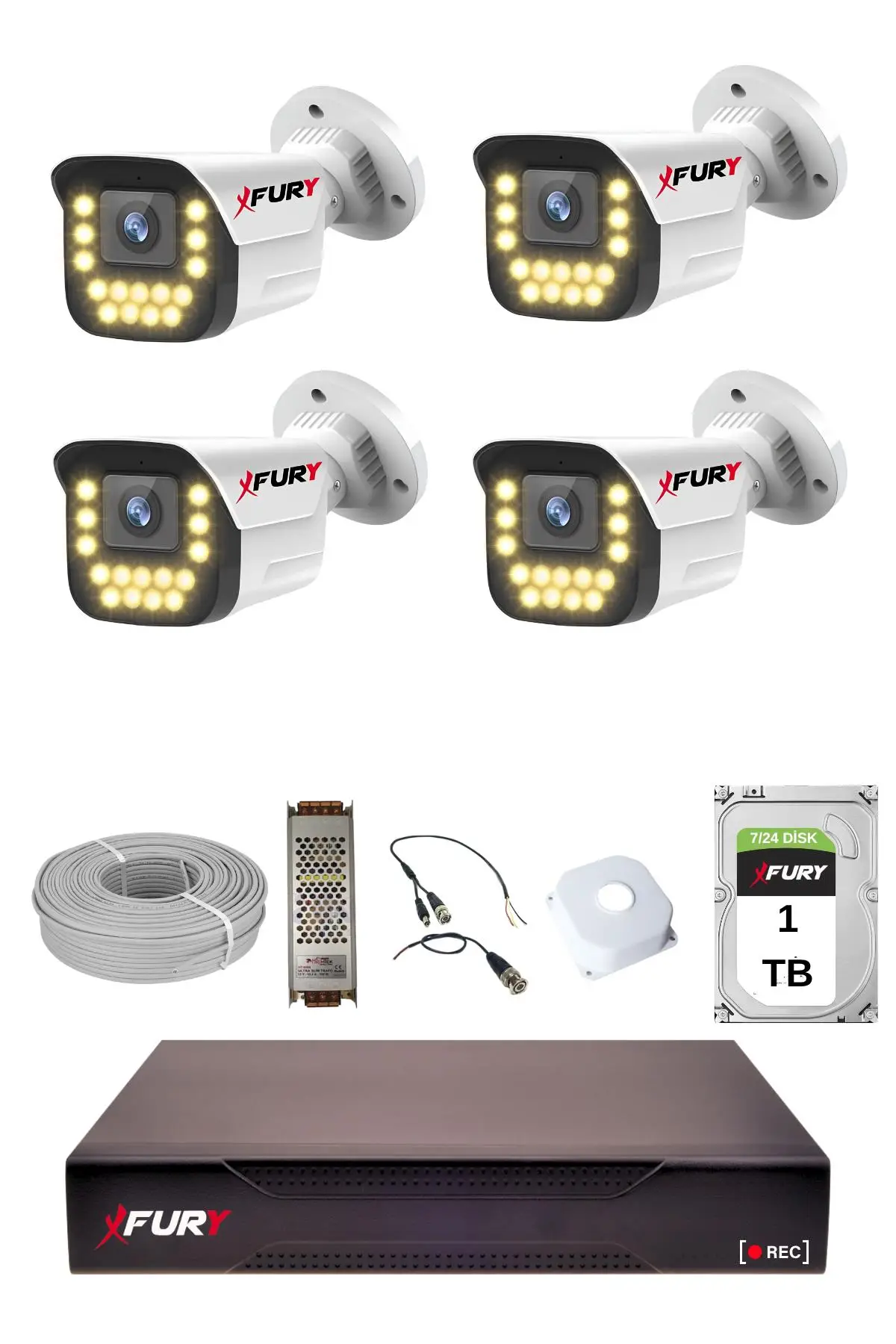 FURY 4 LÜ 15 Warm Led Gece Renkli Görüş Su Geçirmez Güvenlik Kamerası Seti 1TB