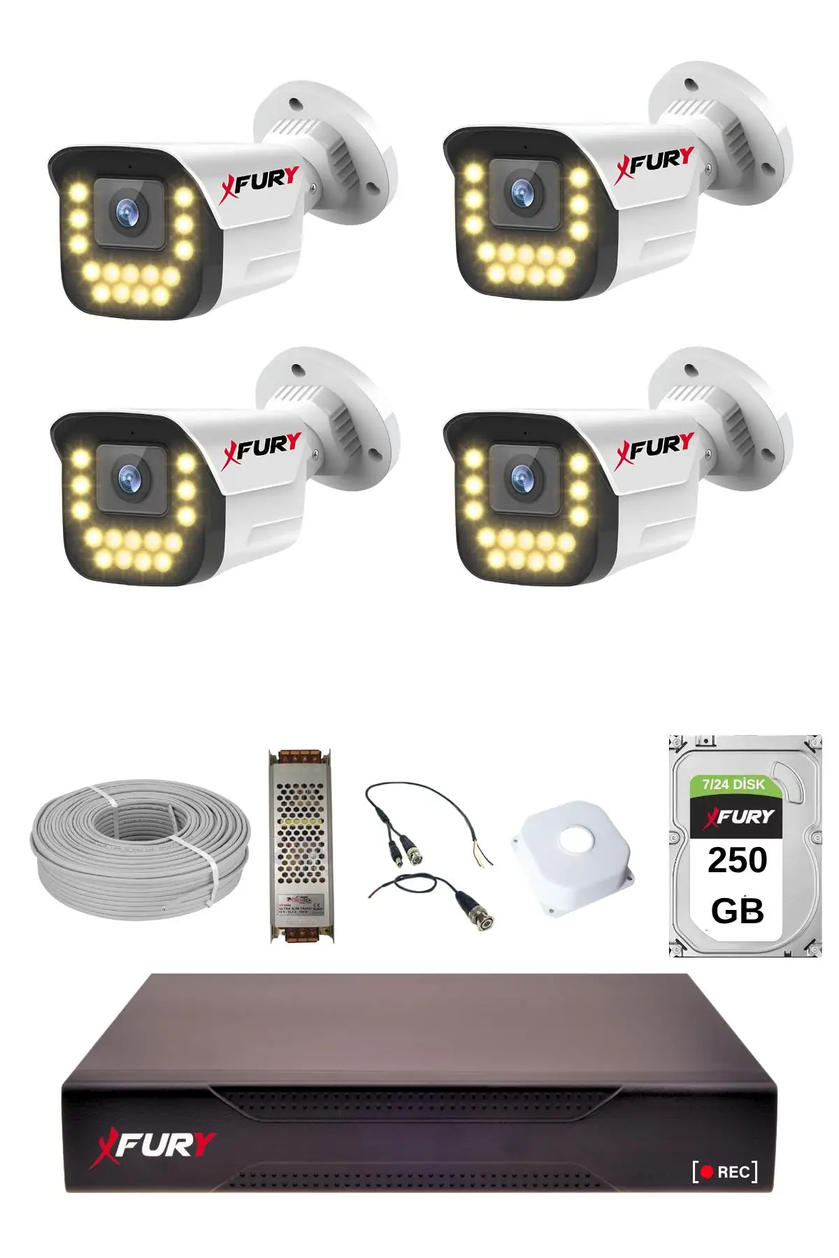 FURY 4 LÜ 15 Warm Led Gece Renkli Görüş Su Geçirmez Güvenlik Kamerası Seti 250GB