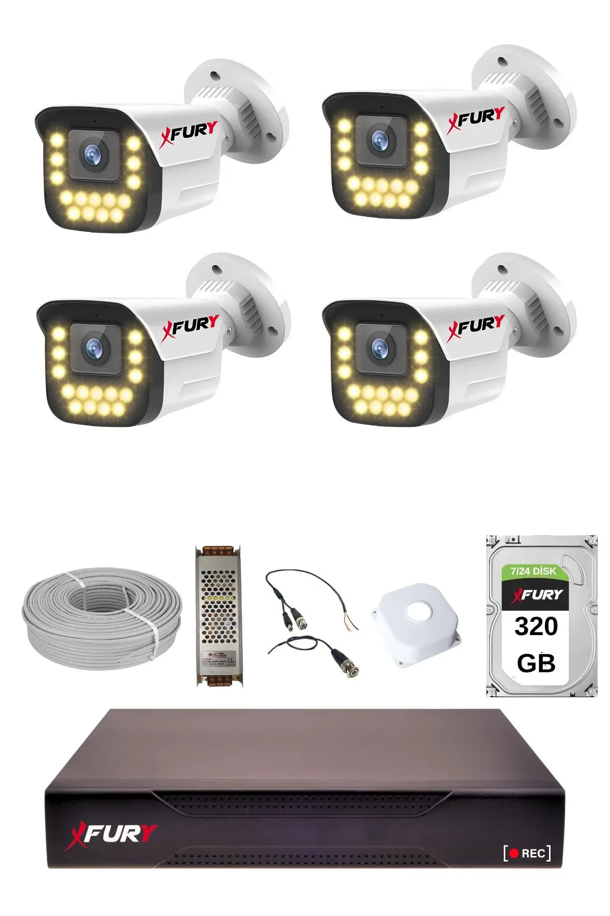 FURY 4 LÜ 15 Warm Led Gece Renkli Görüş Su Geçirmez Güvenlik Kamerası Seti 320GB