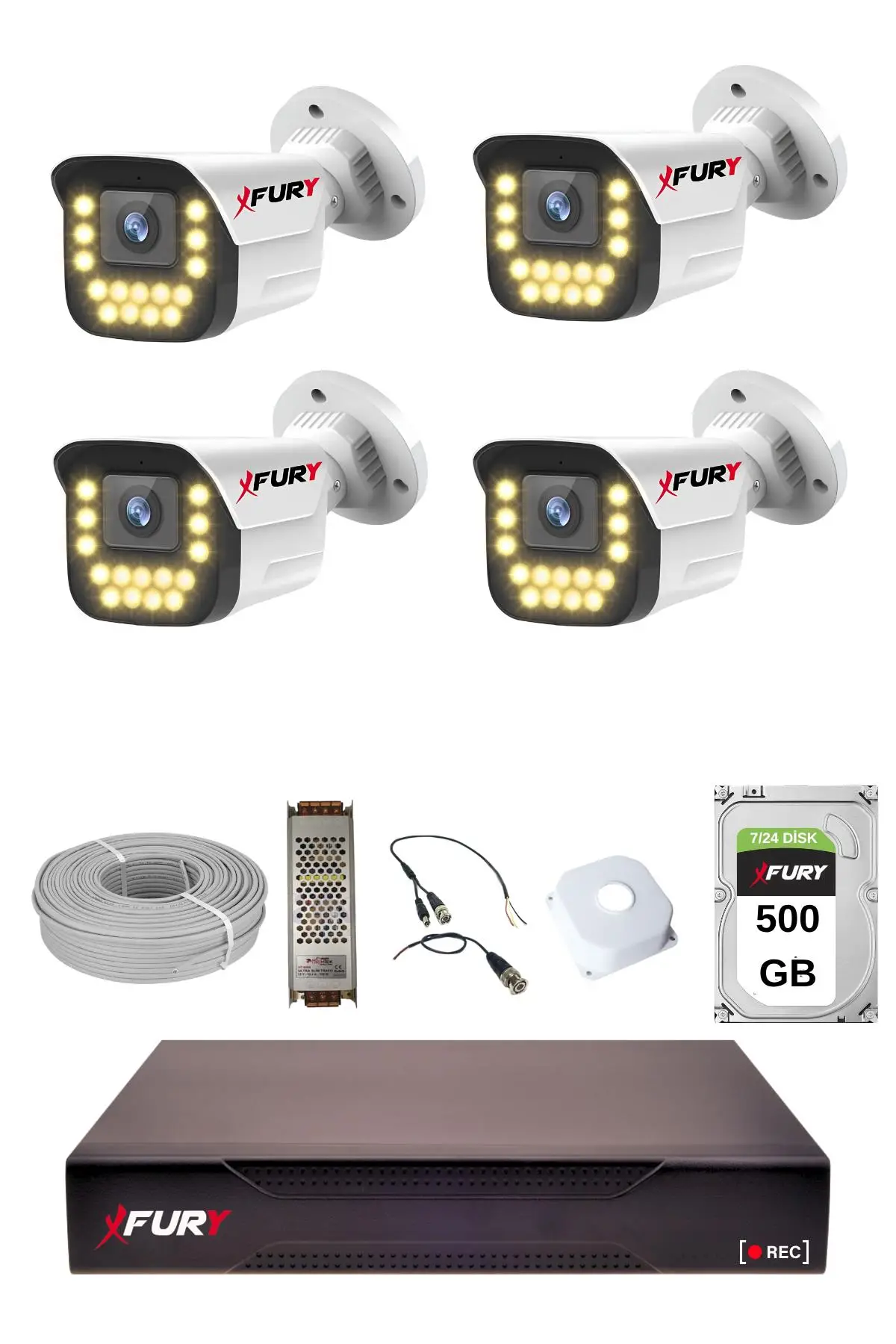 FURY 4 LÜ 15 Warm Led Gece Renkli Görüş Su Geçirmez Güvenlik Kamerası Seti 500GB