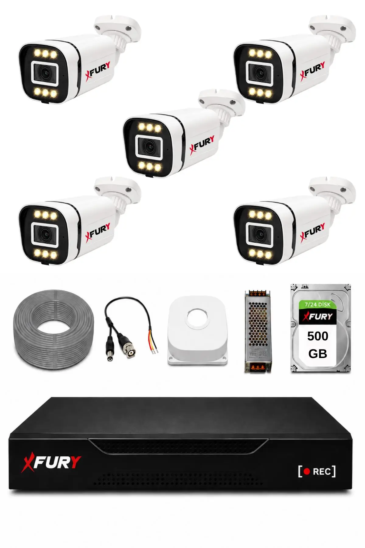 FURY 5 Kameralı 5MP Lens 1080P 6 Warm LED Renkli Gece Görüşlü Güvenlik Kamera Sistemi 500GB 1606