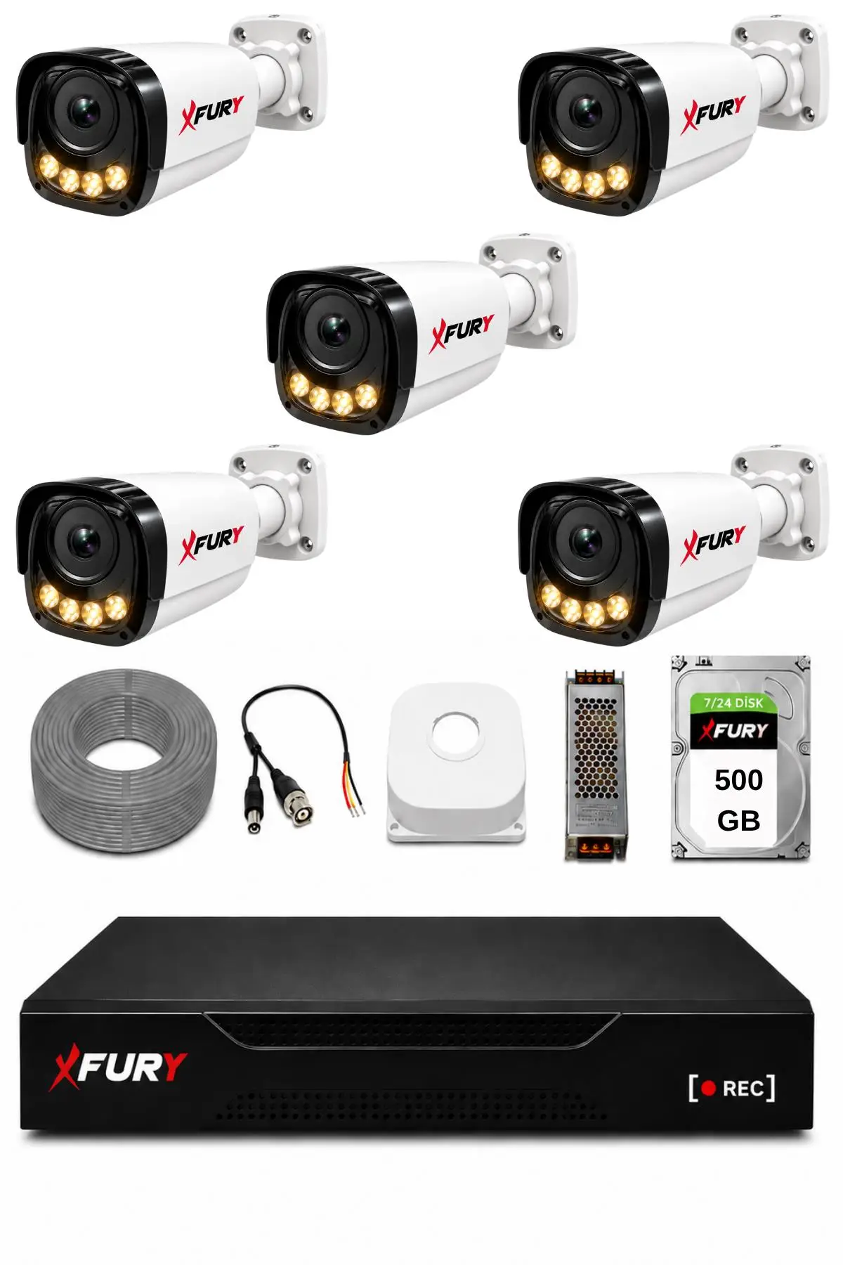 FURY 5 Kameralı Güvenlik Kamera Seti 4 Warm LED Gece Renkli Görüş 500 GB HDD