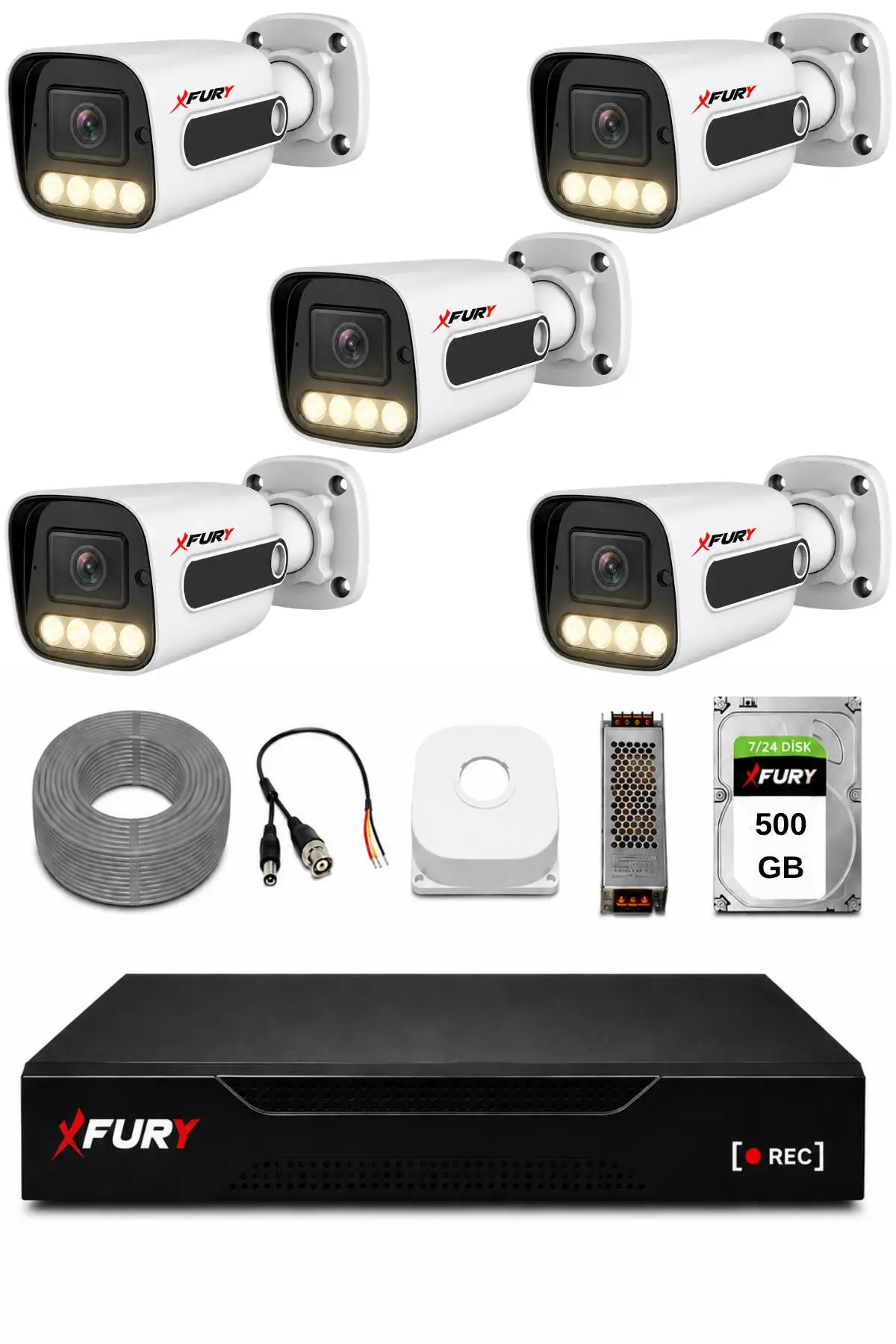 FURY 5 Kameralı Güvenlik Kamera Seti 4 Warm LED Gece Renkli Görüş 500 GB HDD 5500