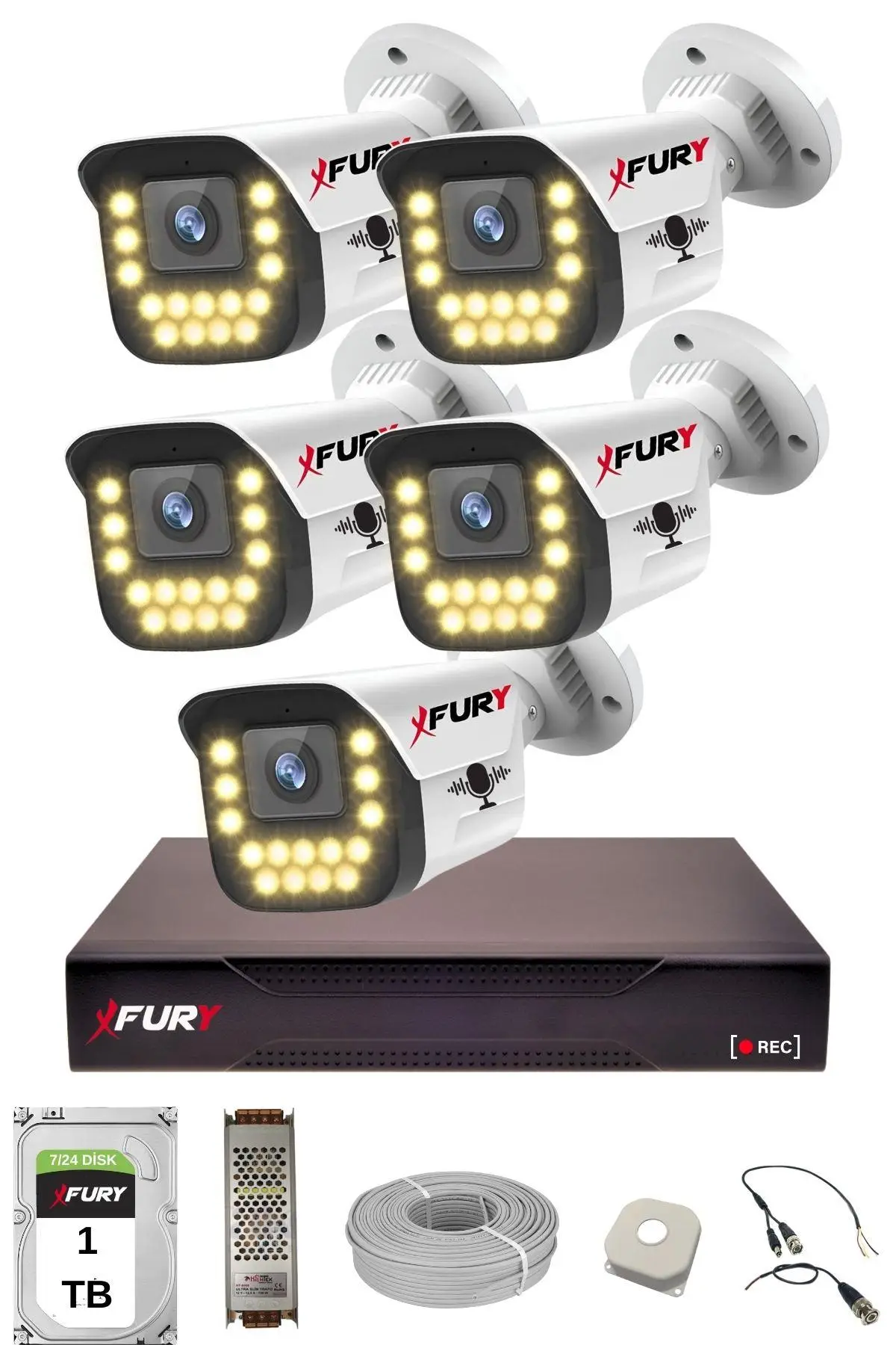 FURY 5 li Sesli 15 Warm Led Gece Renkli Görüş Su Geçirmez Güvenlik Kamerası Seti 1TB