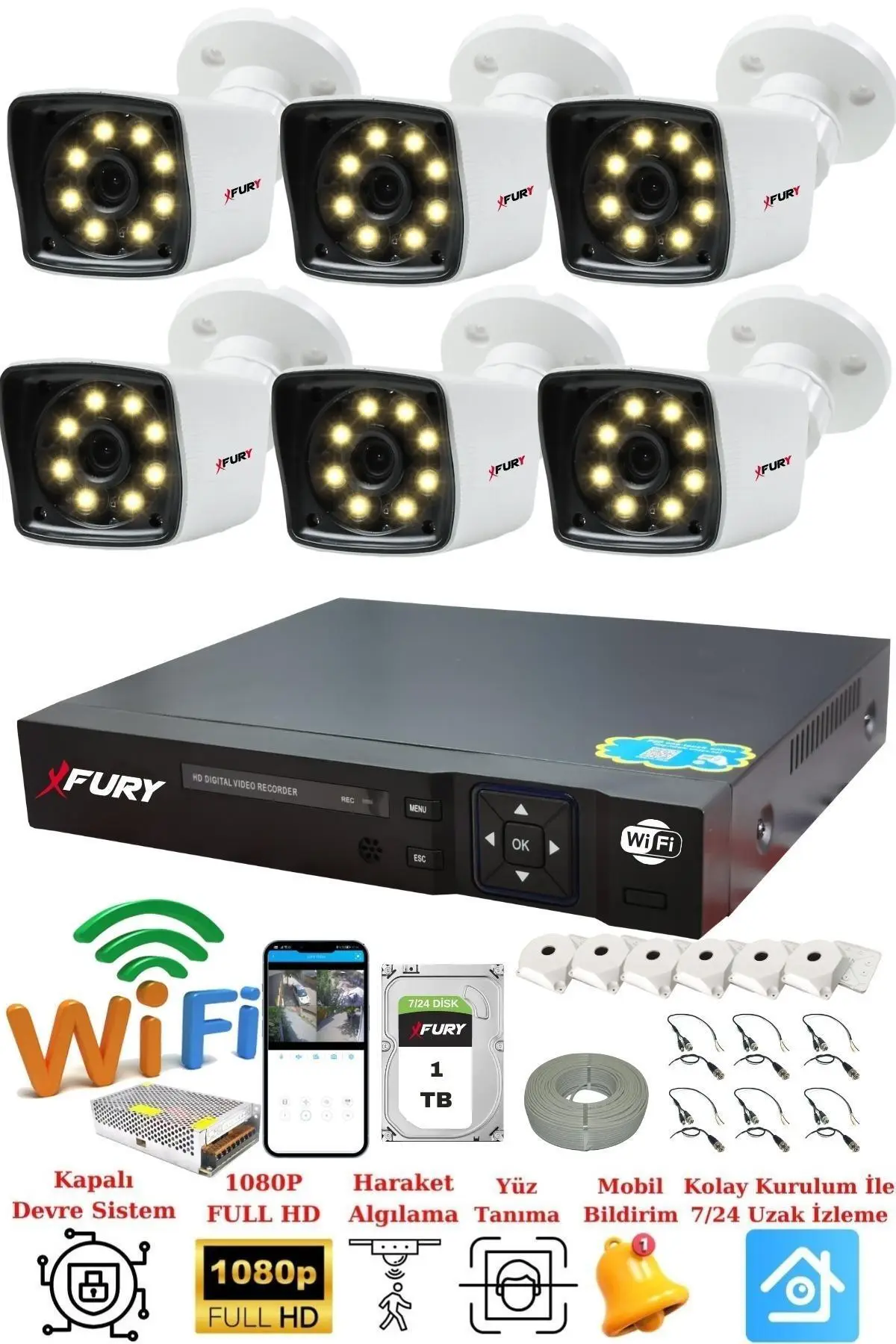 FURY 6 Kameralı 5mp Lens 1080p 2mp Color Görüntü 8 Warm Led Gece Görüş FullHd Güvenlik Kamera 5525W 1TB