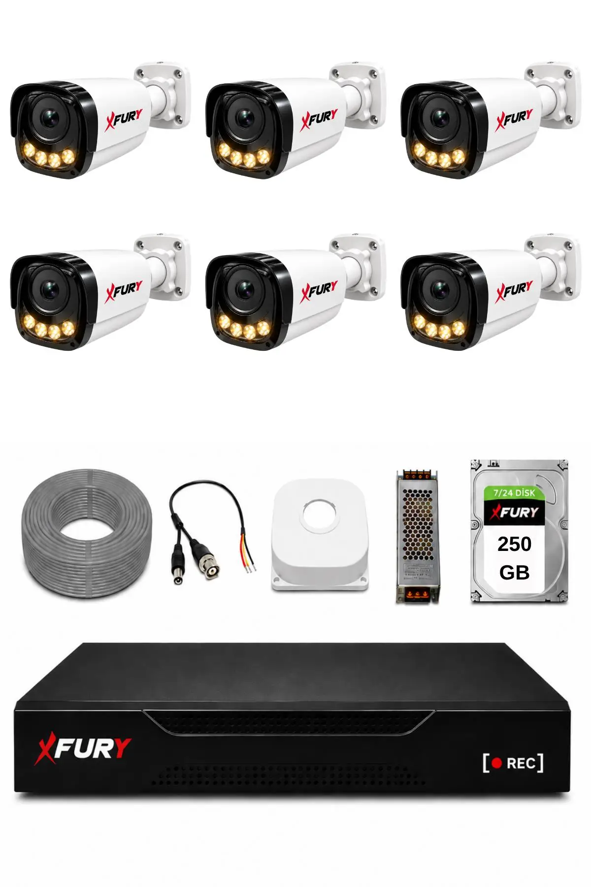 FURY 6 Kameralı Güvenlik Kamera Seti 4 Warm LED Gece Renkli Görüş 250 GB HDD