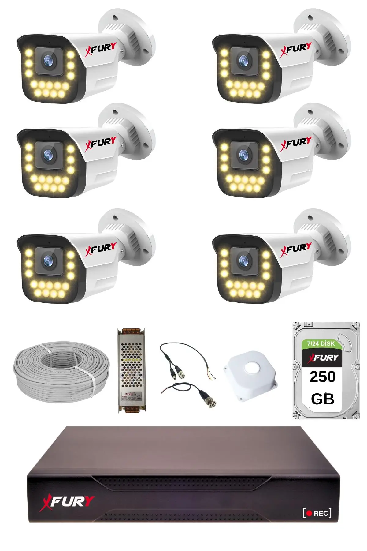 FURY 6 lı 15 Warm Led Gece Renkli Görüş Su Geçirmez Güvenlik Kamerası Seti 250GB