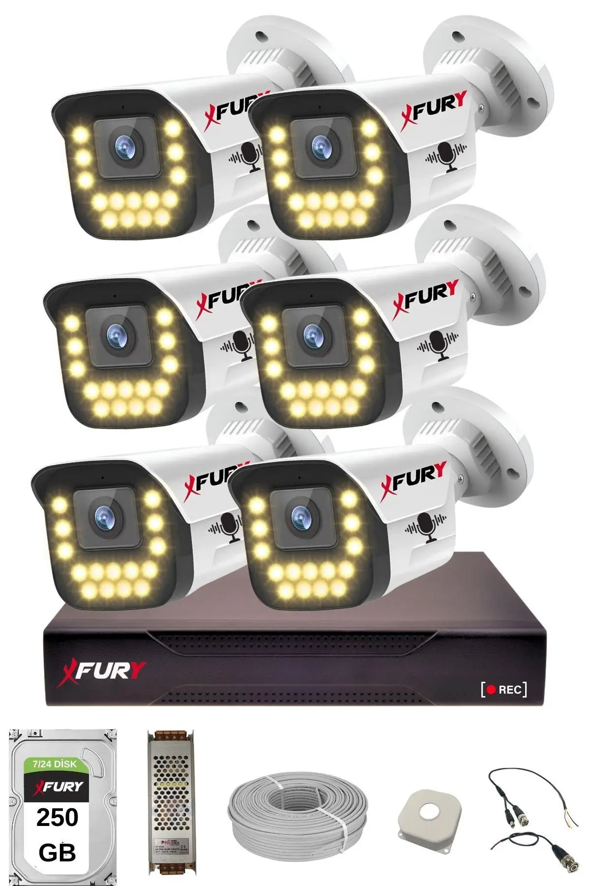 FURY 6 lı Sesli 15 Warm Led Gece Renkli Görüş Su Geçirmez Güvenlik Kamerası Seti 250GB