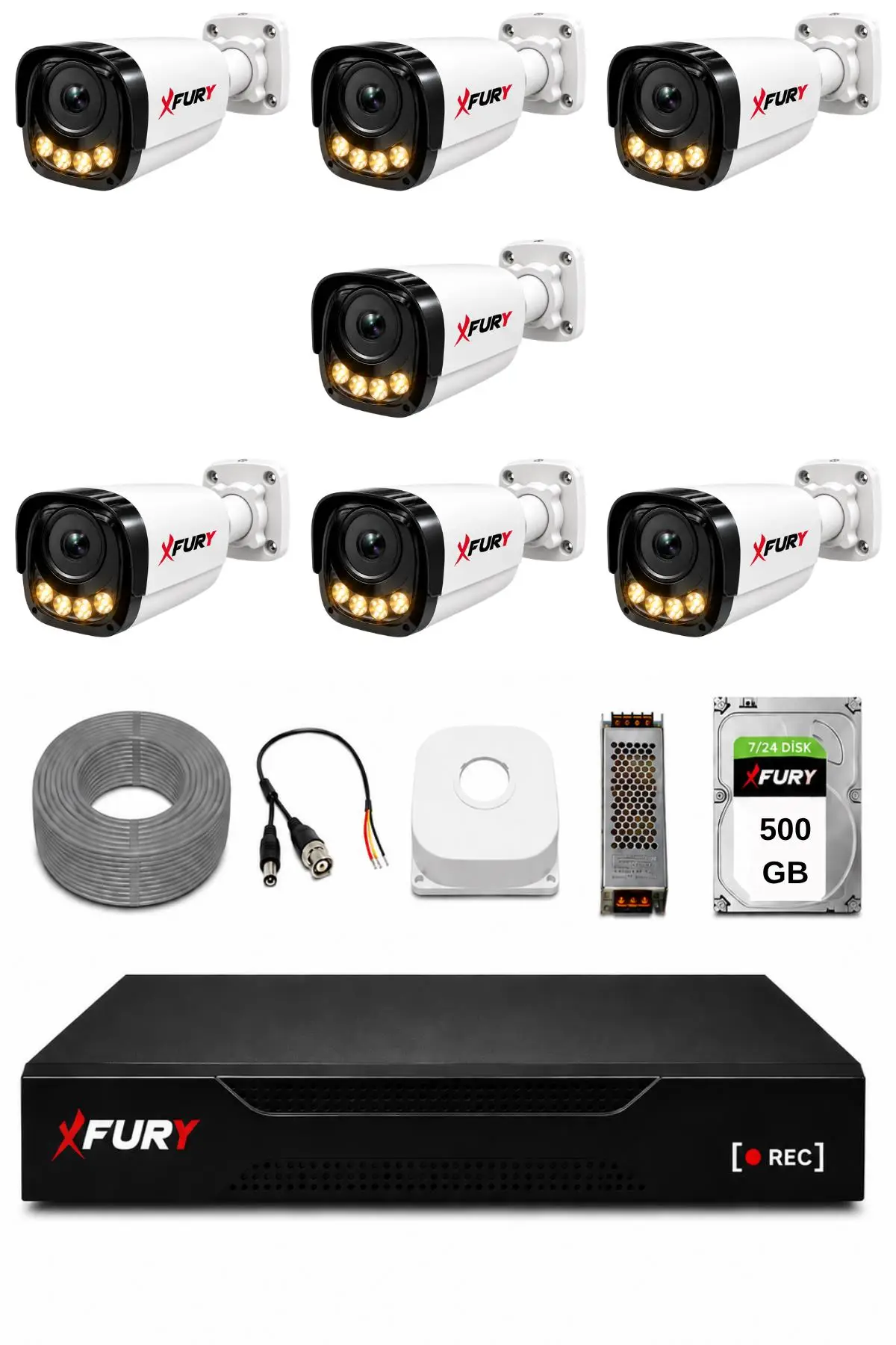 FURY 7 Kameralı Güvenlik Kamera Seti 4 Warm LED Gece Renkli Görüş 500 GB HDD