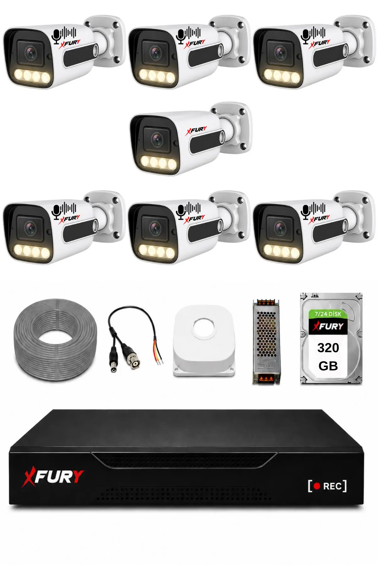 FURY 7 Kameralı Güvenlik Kamera Seti Sesli 4 Warm LED Gece Renkli Görüş 320 GB HDD 5500s