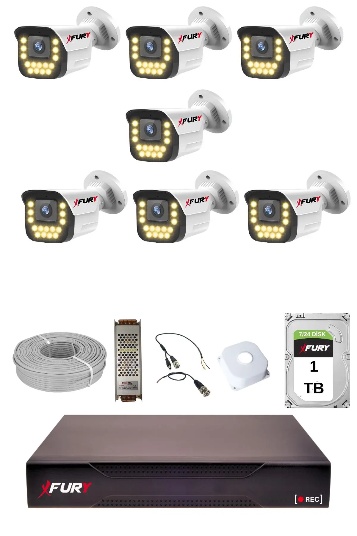 FURY 7 Li 15 Warm Led Gece Renkli Görüş Su Geçirmez Güvenlik Kamerası Seti 1TB