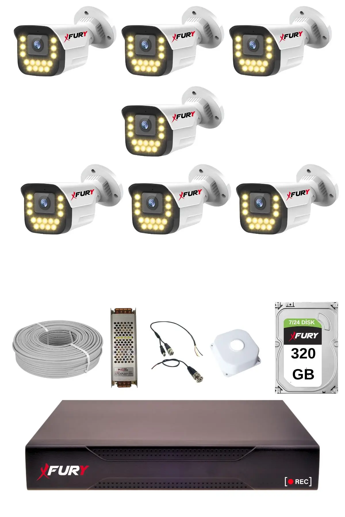 FURY 7 Li 15 Warm Led Gece Renkli Görüş Su Geçirmez Güvenlik Kamerası Seti 320GB