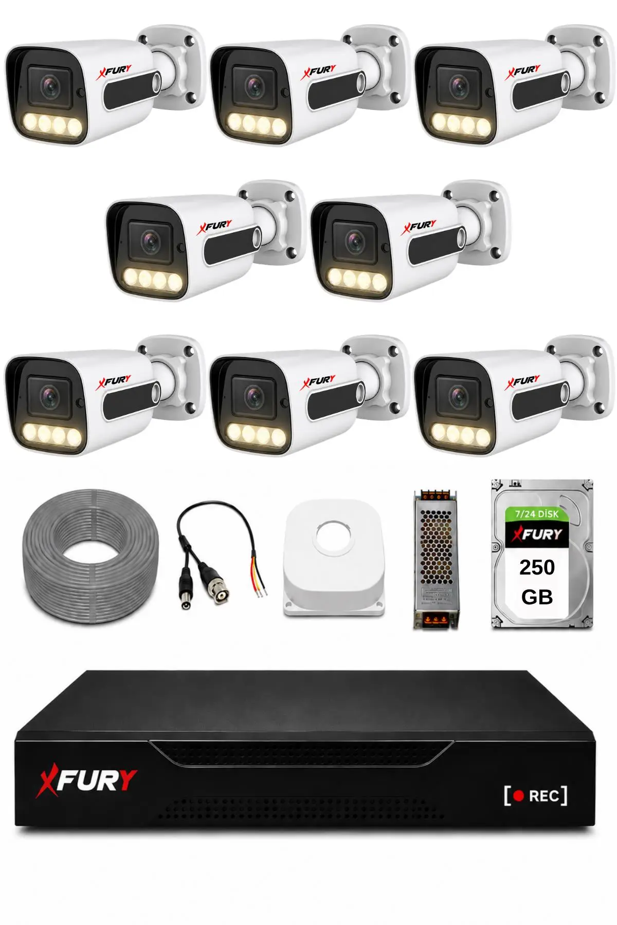 FURY 8 Kameralı Güvenlik Kamera Seti 4 Warm LED Gece Renkli Görüş 250 GB HDD 5500