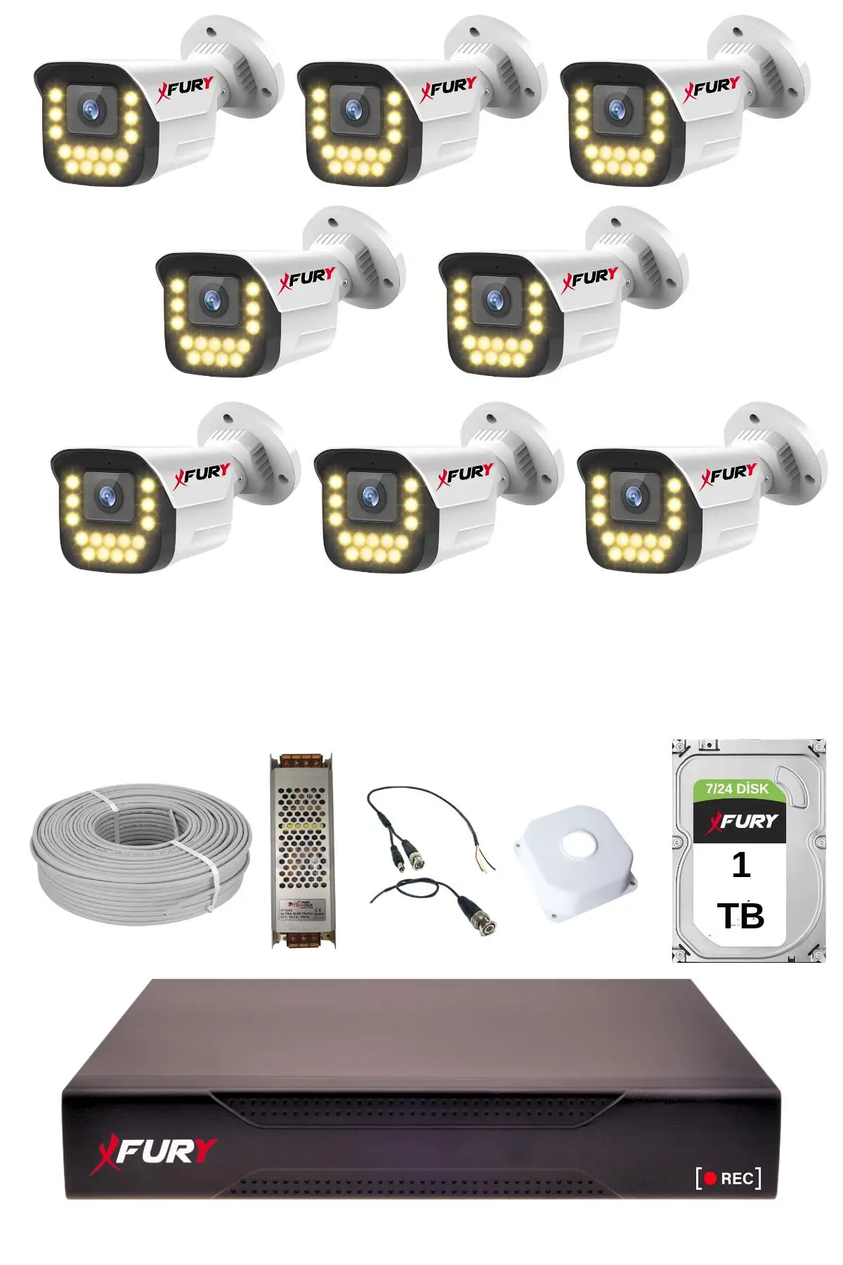 FURY 8 li 15 Warm Led Gece Renkli Görüş Su Geçirmez Güvenlik Kamerası Seti 1TB