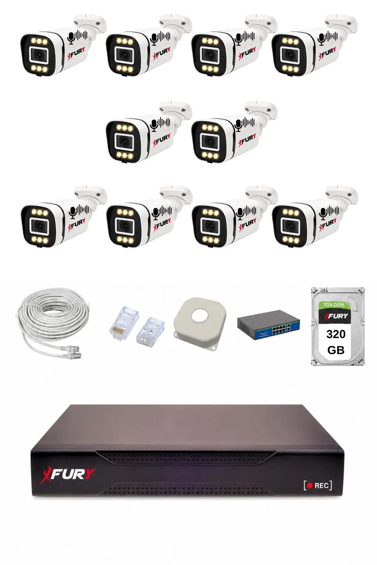 FURY IP 10 Kameralı 1080P Sesli 6 Warm LED Renkli Gece Görüşlü Güvenlik Kamera Sistemi 320GB 1606