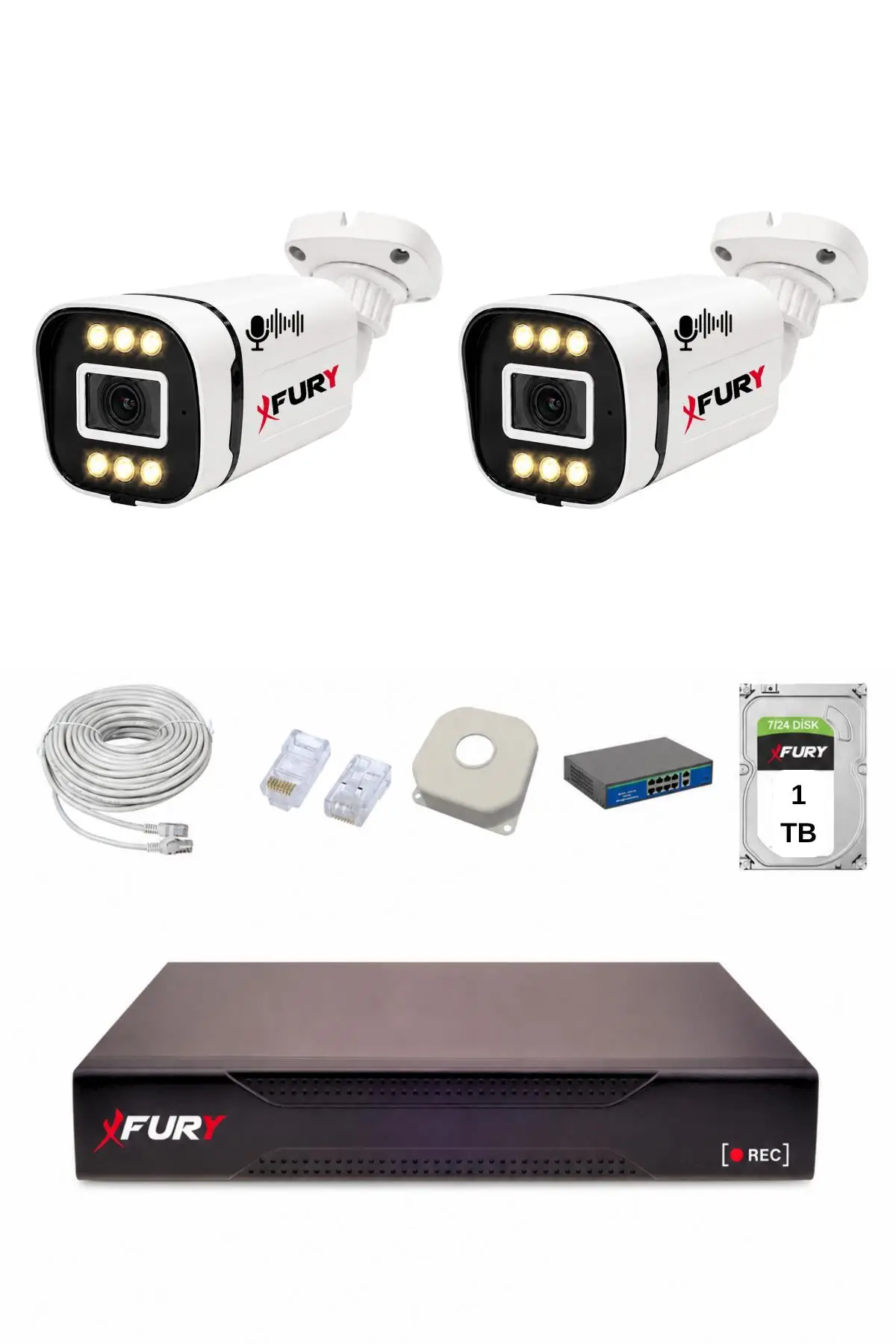 FURY IP 2 Kameralı 1080P Sesli 6 Warm LED Renkli Gece Görüşlü Güvenlik Kamera Sistemi 1TB 1606