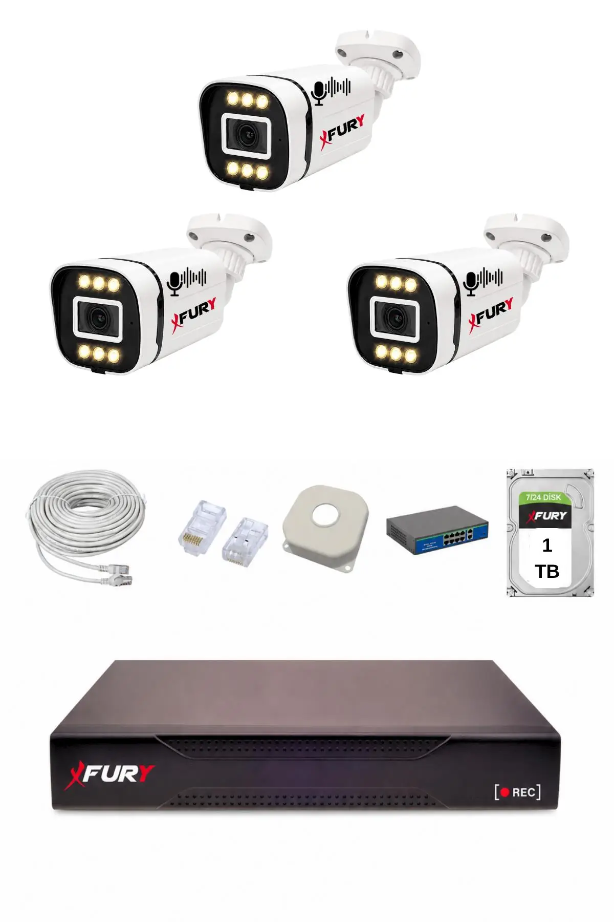 FURY IP 3 Kameralı 1080P Sesli 6 Warm LED Renkli Gece Görüşlü Güvenlik Kamera Sistemi 1TB 1606